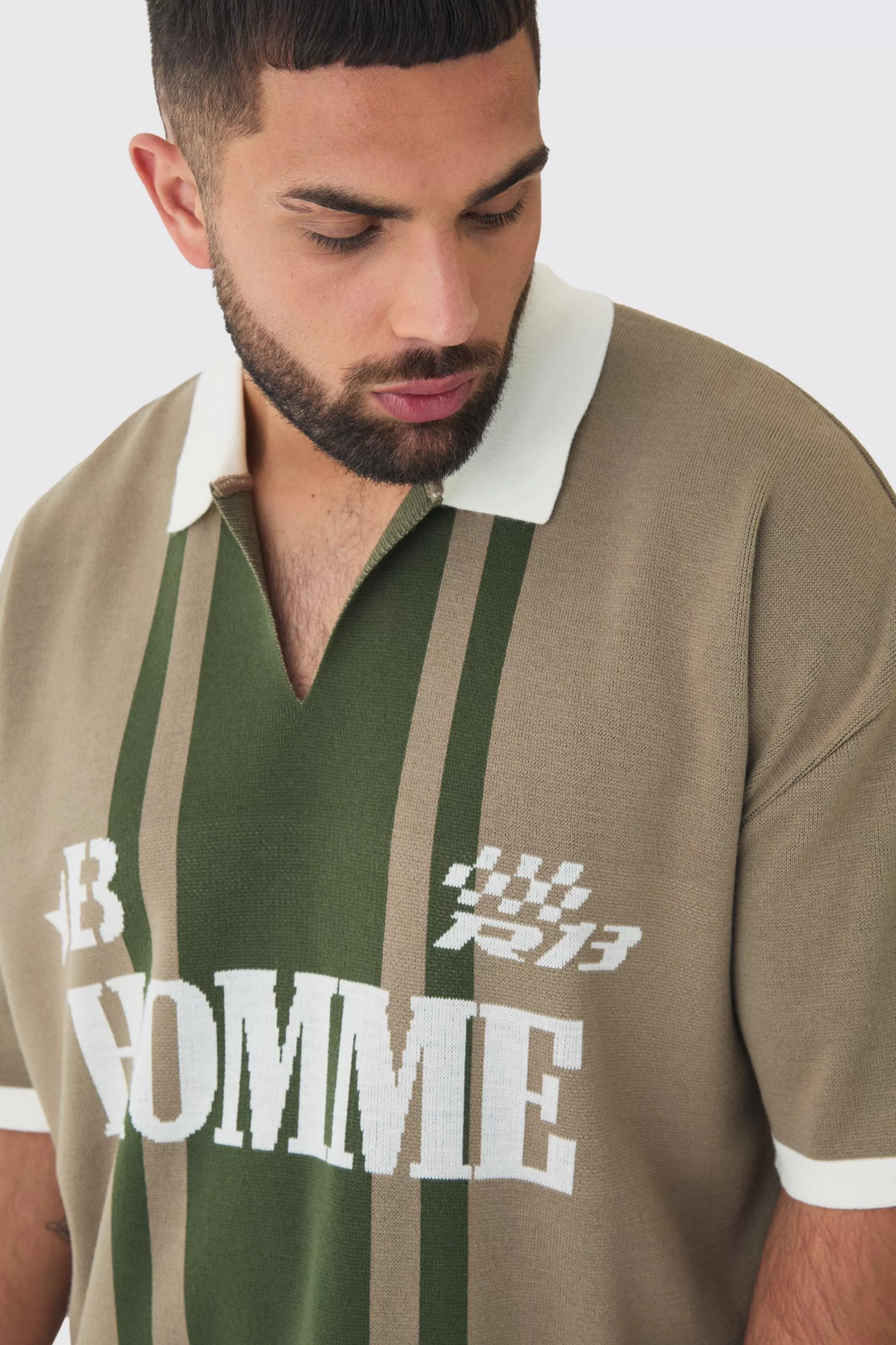 boohooMAN Plus Oversized Boxy Football Knitted Polo Shirt | UK taupe Online