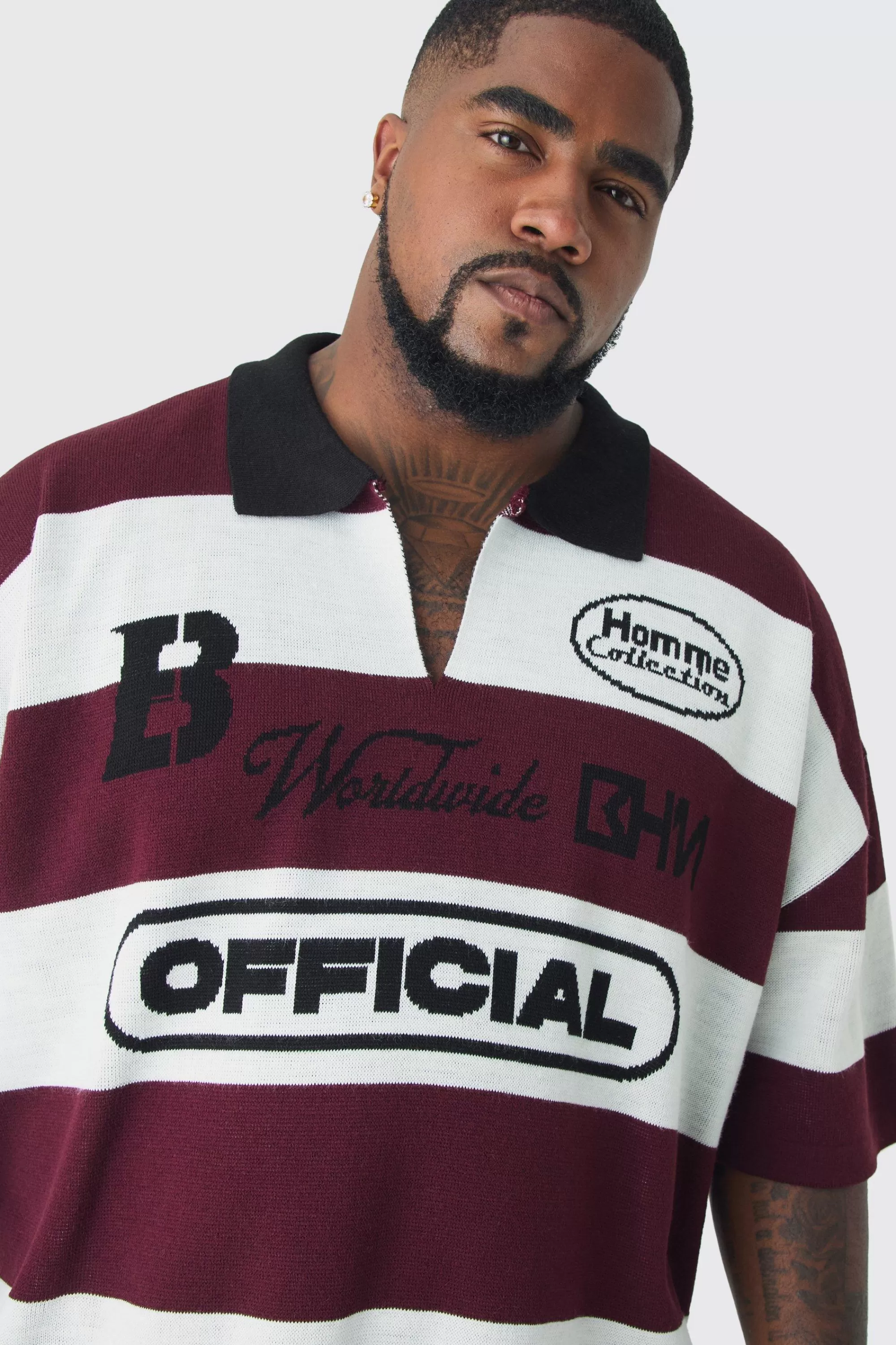 boohooMAN Plus Oversized Boxy Football Knitted Polo Shirt | UK burgundy Discount