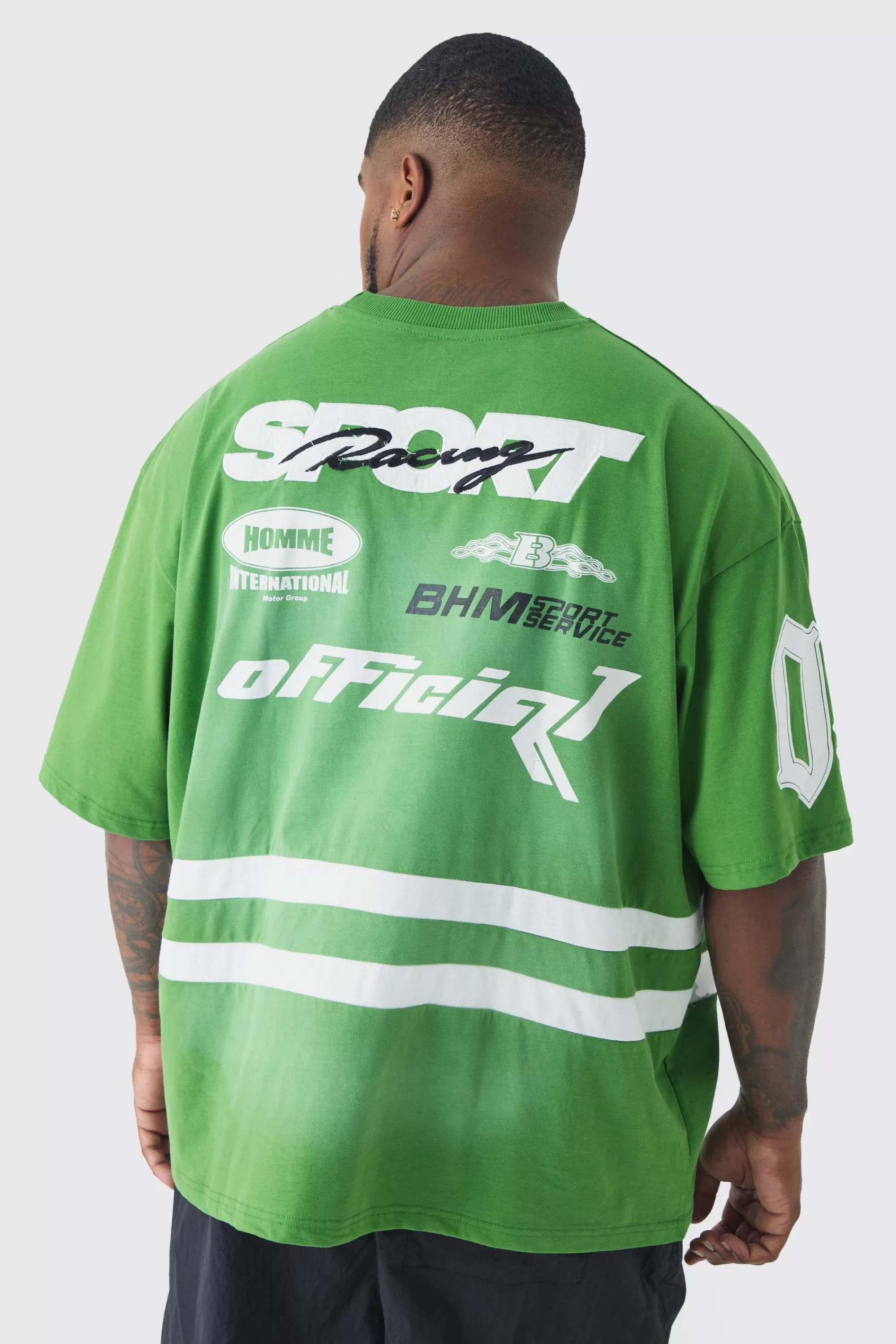 boohooMAN Plus Oversized Boxy Neck Washed Applique Moto T-shirt | UK green Online
