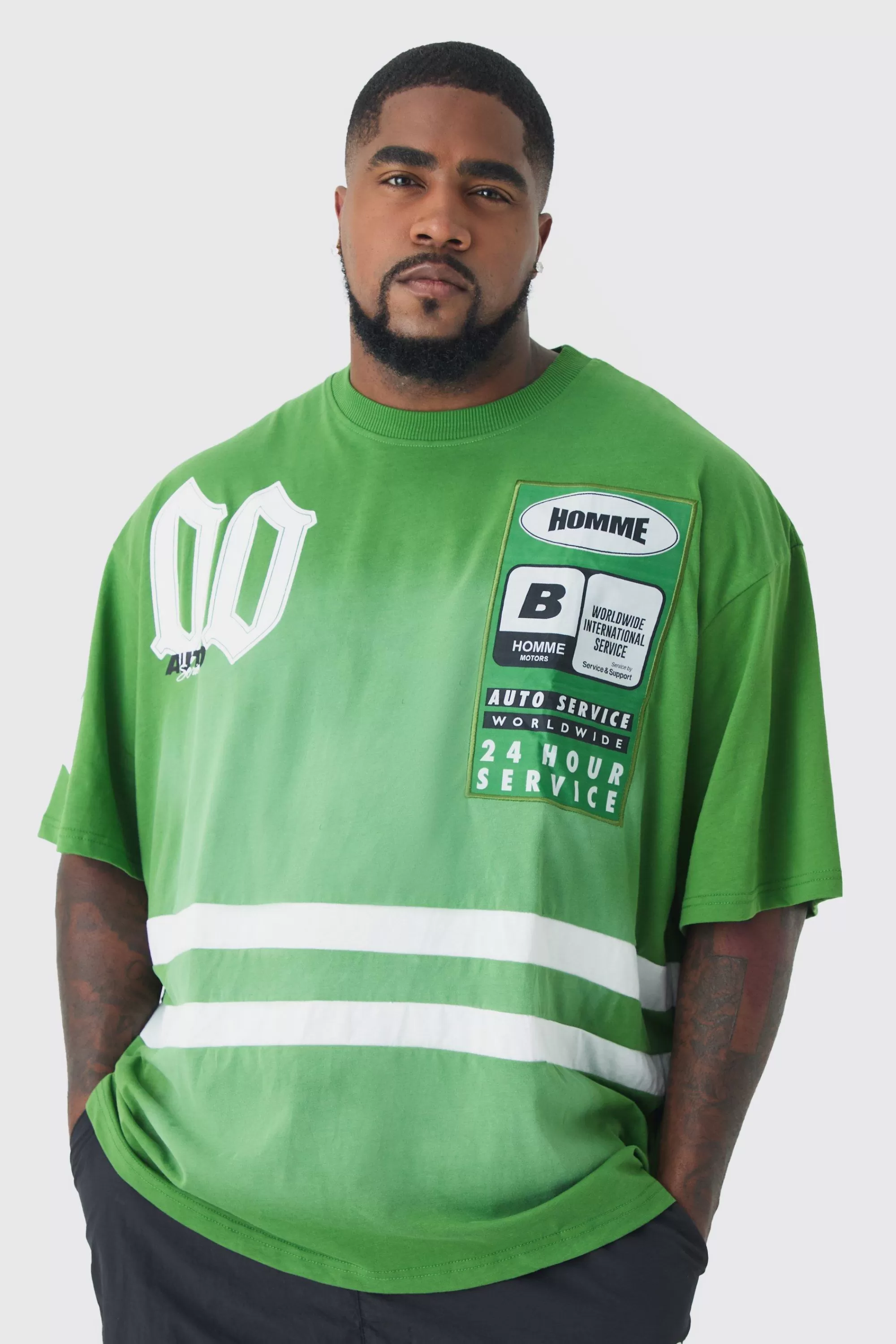boohooMAN Plus Oversized Boxy Neck Washed Applique Moto T-shirt | UK green Online