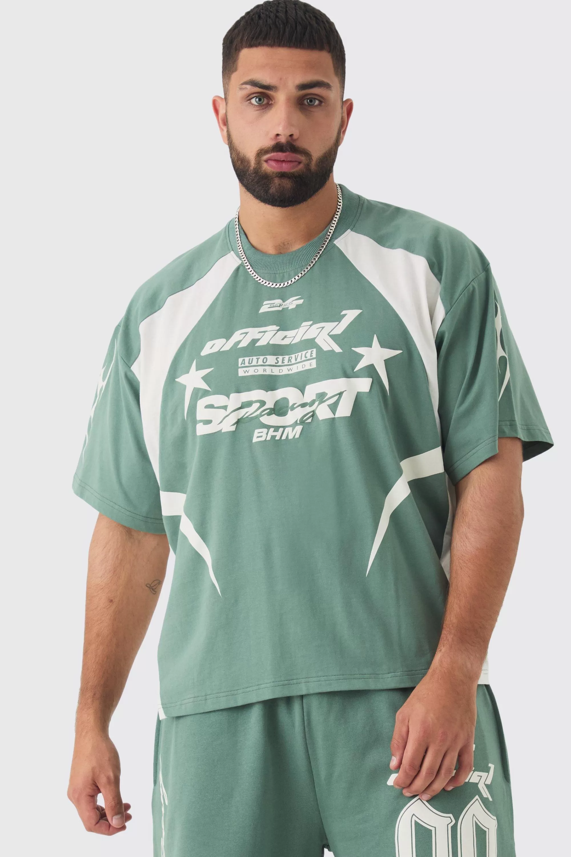 boohooMAN Plus Oversized Boxy Puff Print Moto Extended Neck Tshirt | UK green Cheap