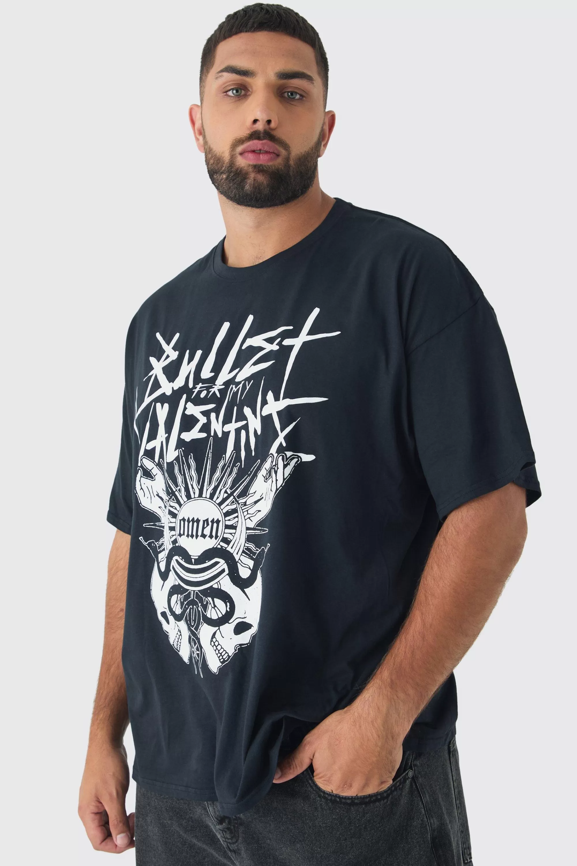 boohooMAN Plus Oversized Bullet For My Valentine License Print T-Shirt | UK black Fashion