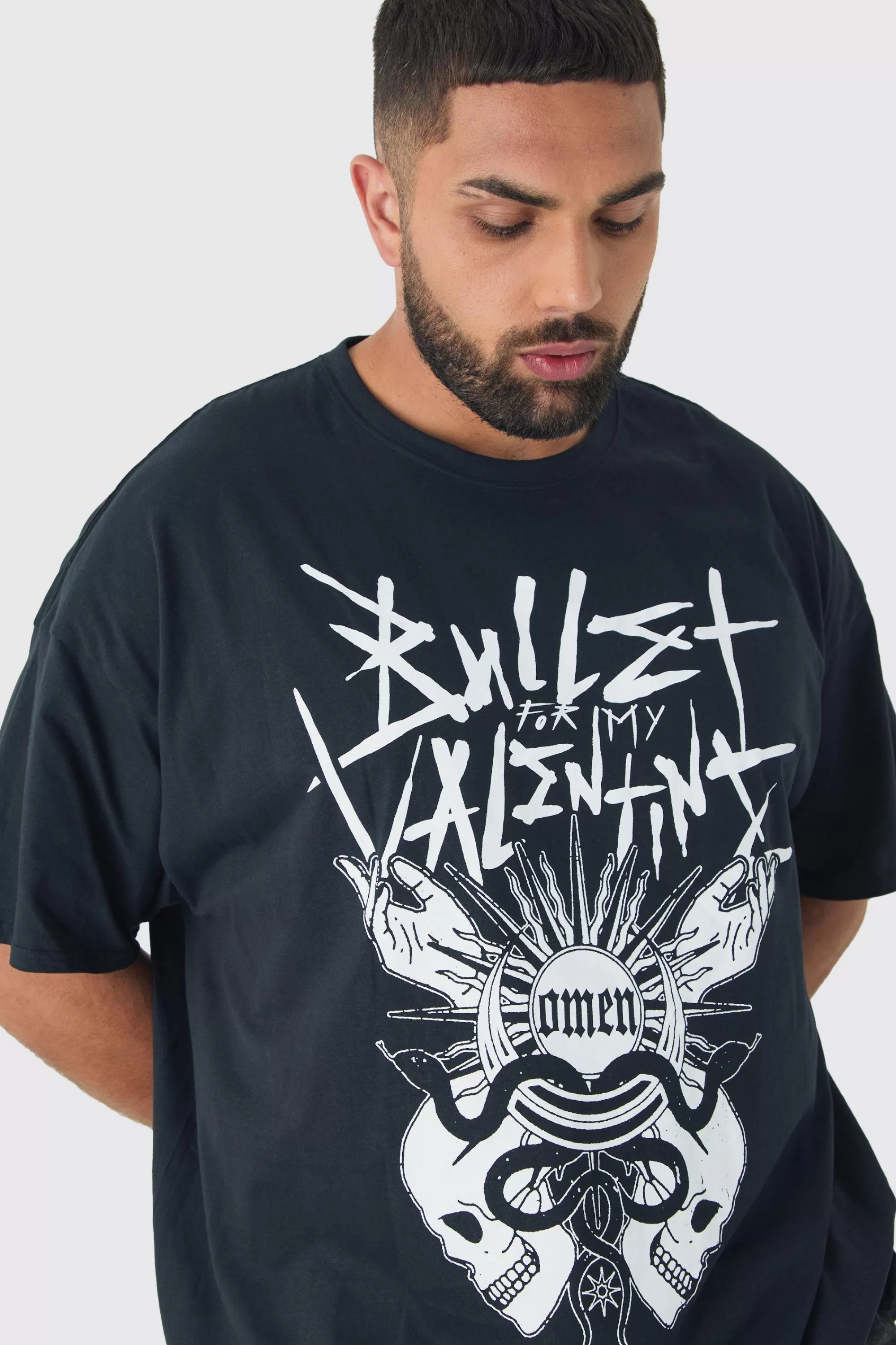 boohooMAN Plus Oversized Bullet For My Valentine License Print T-Shirt | UK black Fashion