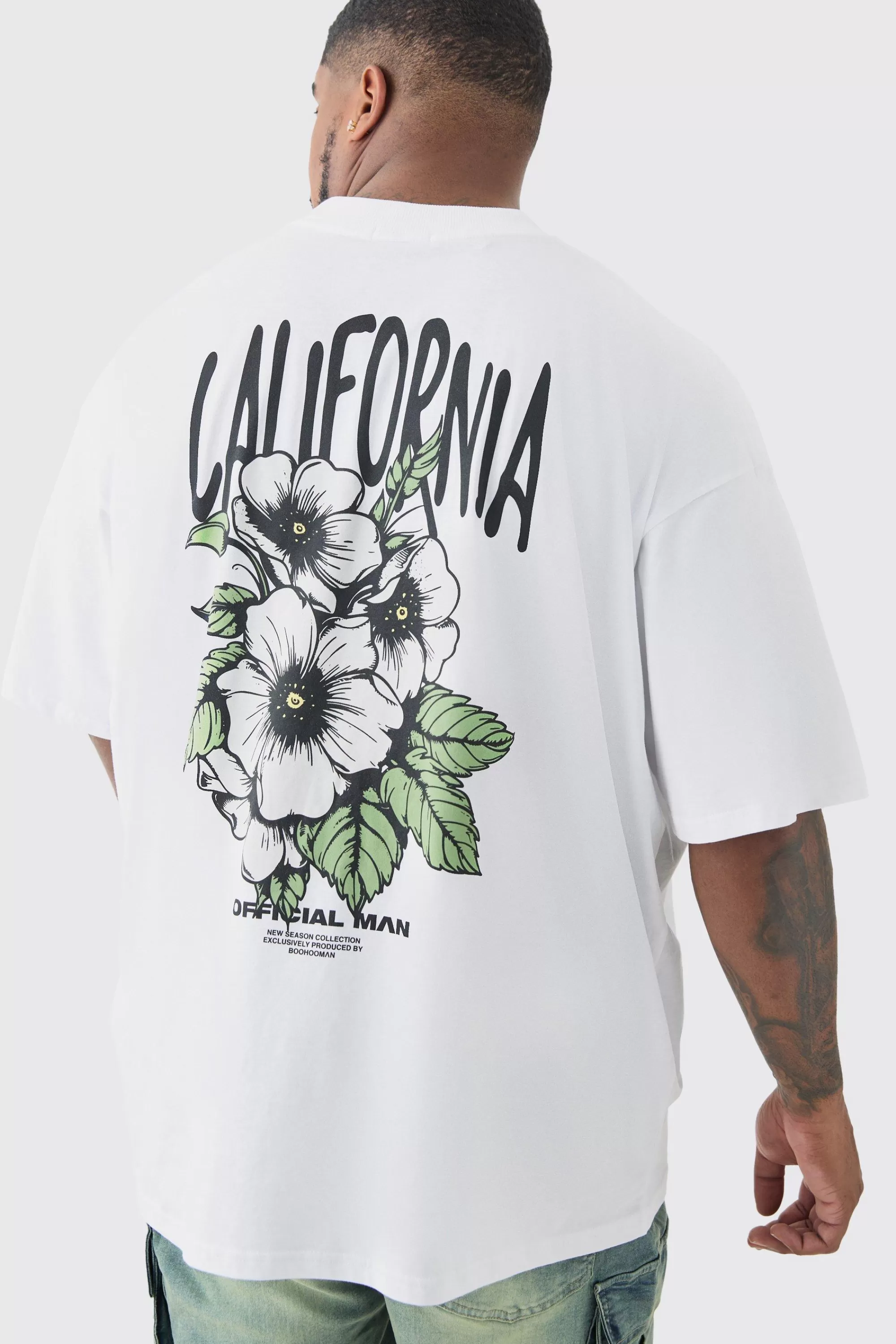 boohooMAN Plus Oversized California Back Print Floral T-shirt In | UK white New