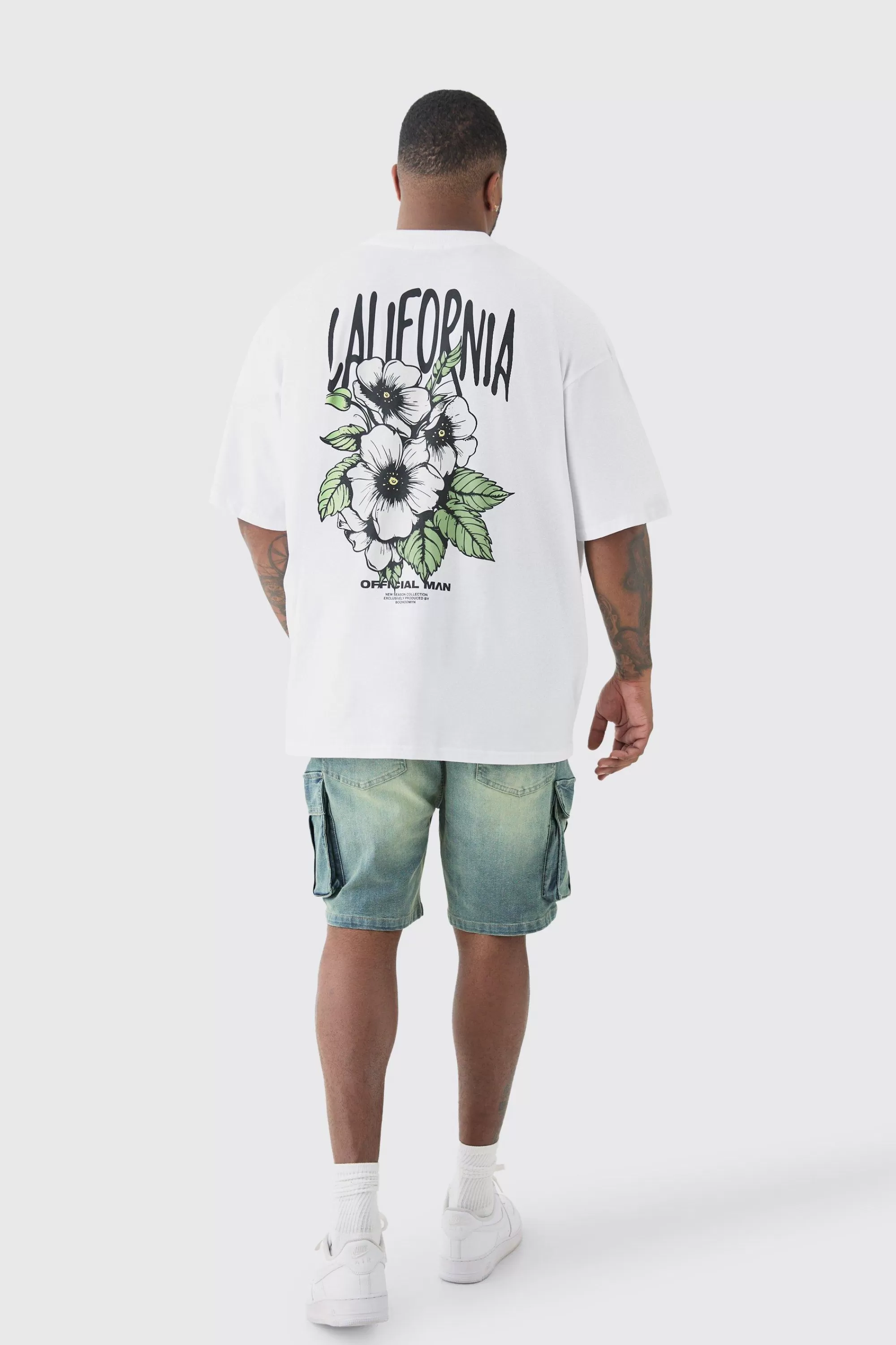boohooMAN Plus Oversized California Back Print Floral T-shirt In | UK white New