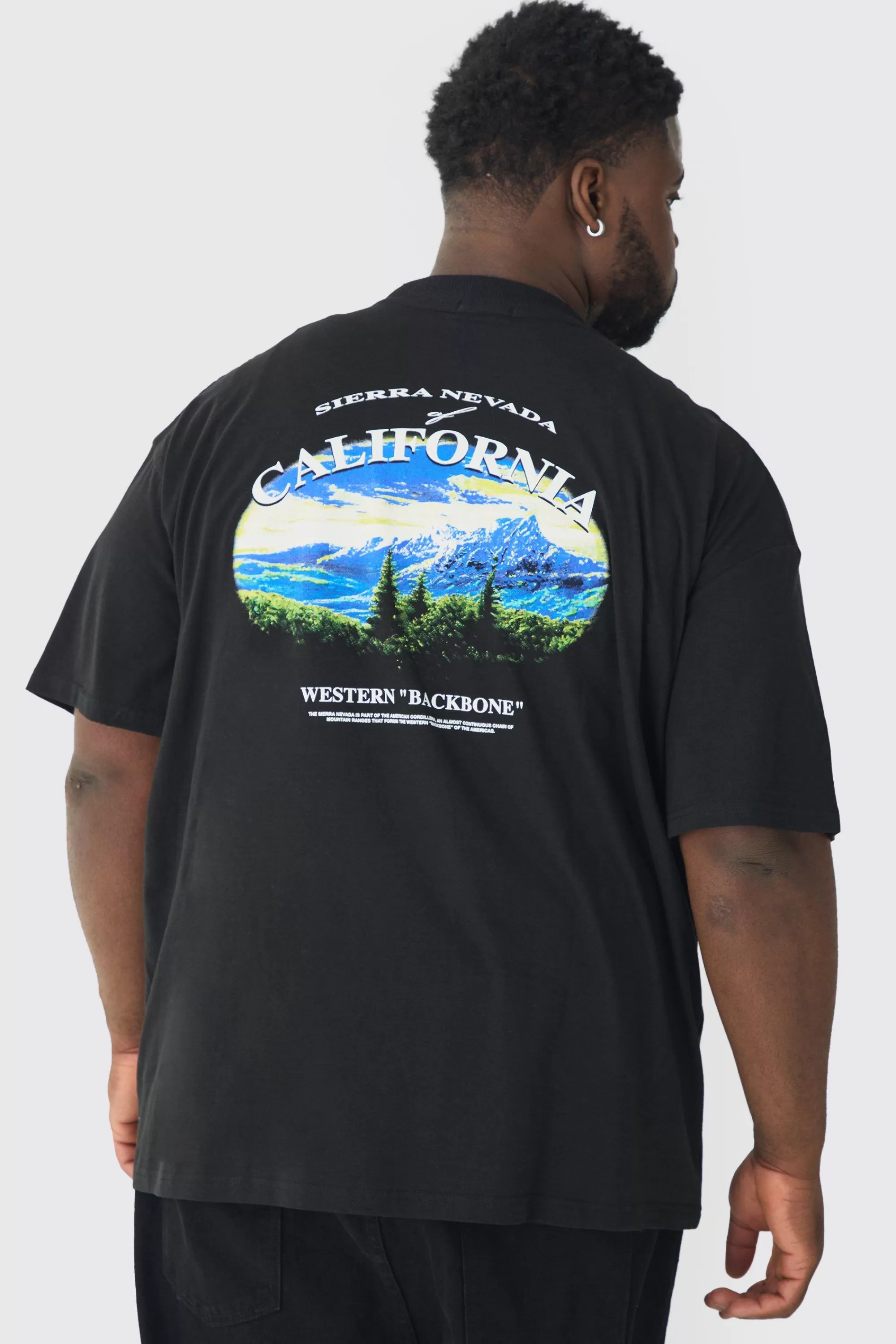 boohooMAN Plus Oversized California Landscape Back Print T-shirt | UK black Outlet