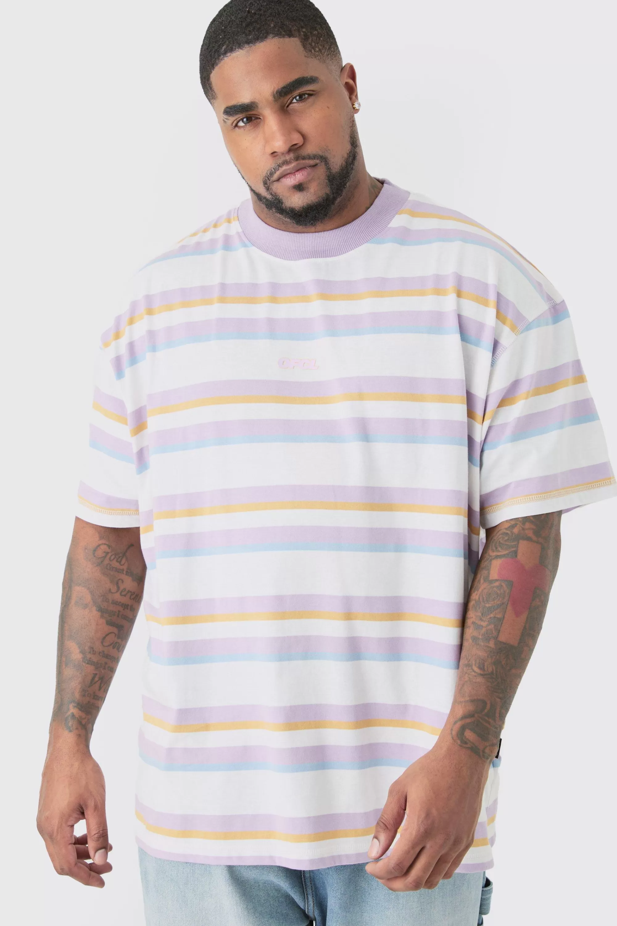boohooMAN Plus Oversized Carded Heavy Striped Ofcl T-shirt | UK lilac Cheap