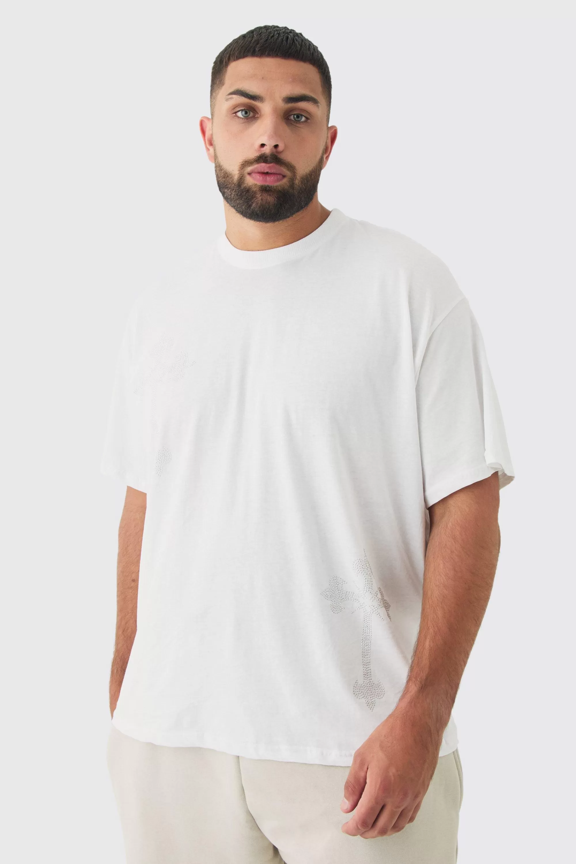 boohooMAN Plus Oversized Cross Rhinestone Printed T-Shirt In | UK white Shop