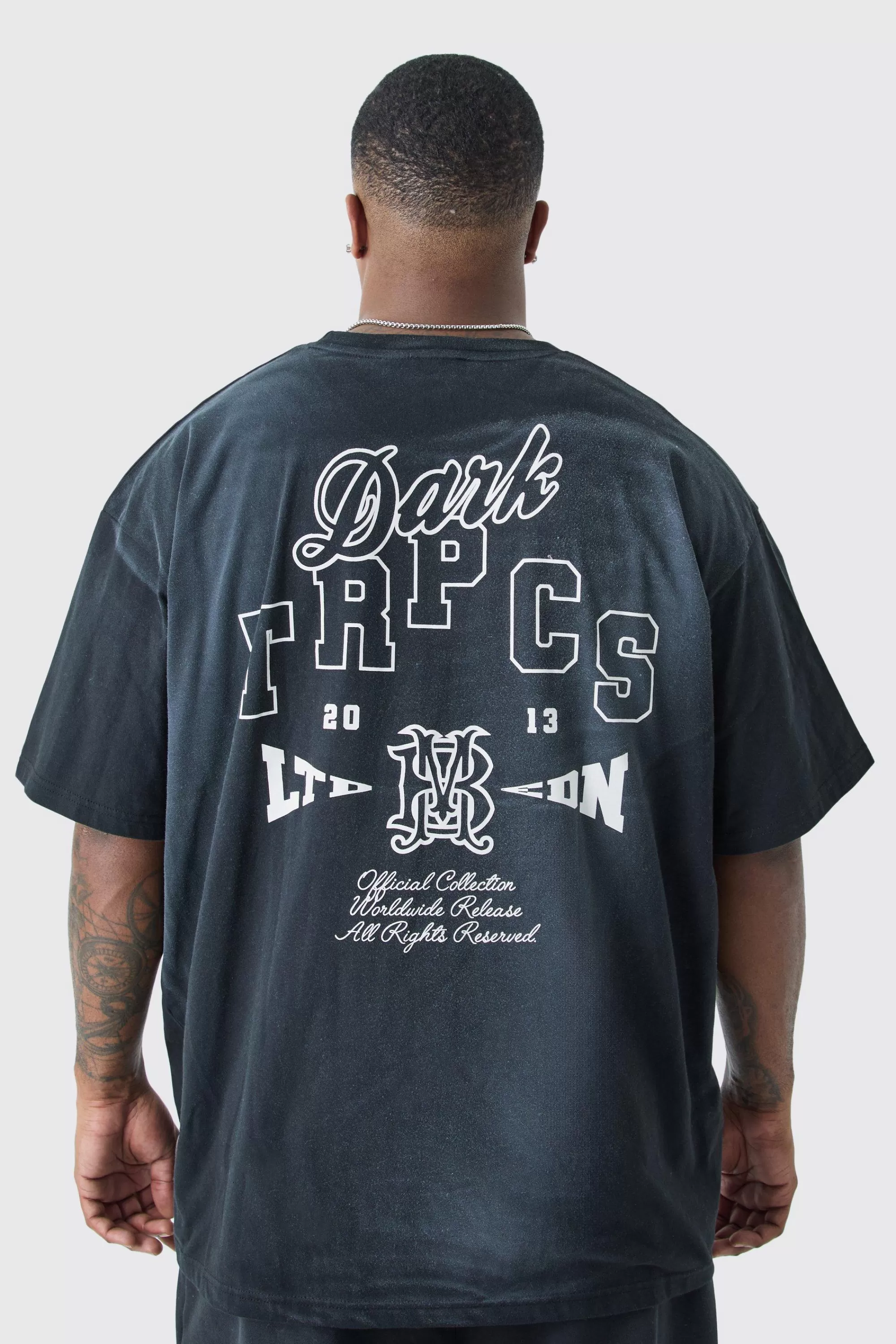 boohooMAN Plus Oversized Dark Tropics Wash T-shirt | UK black New