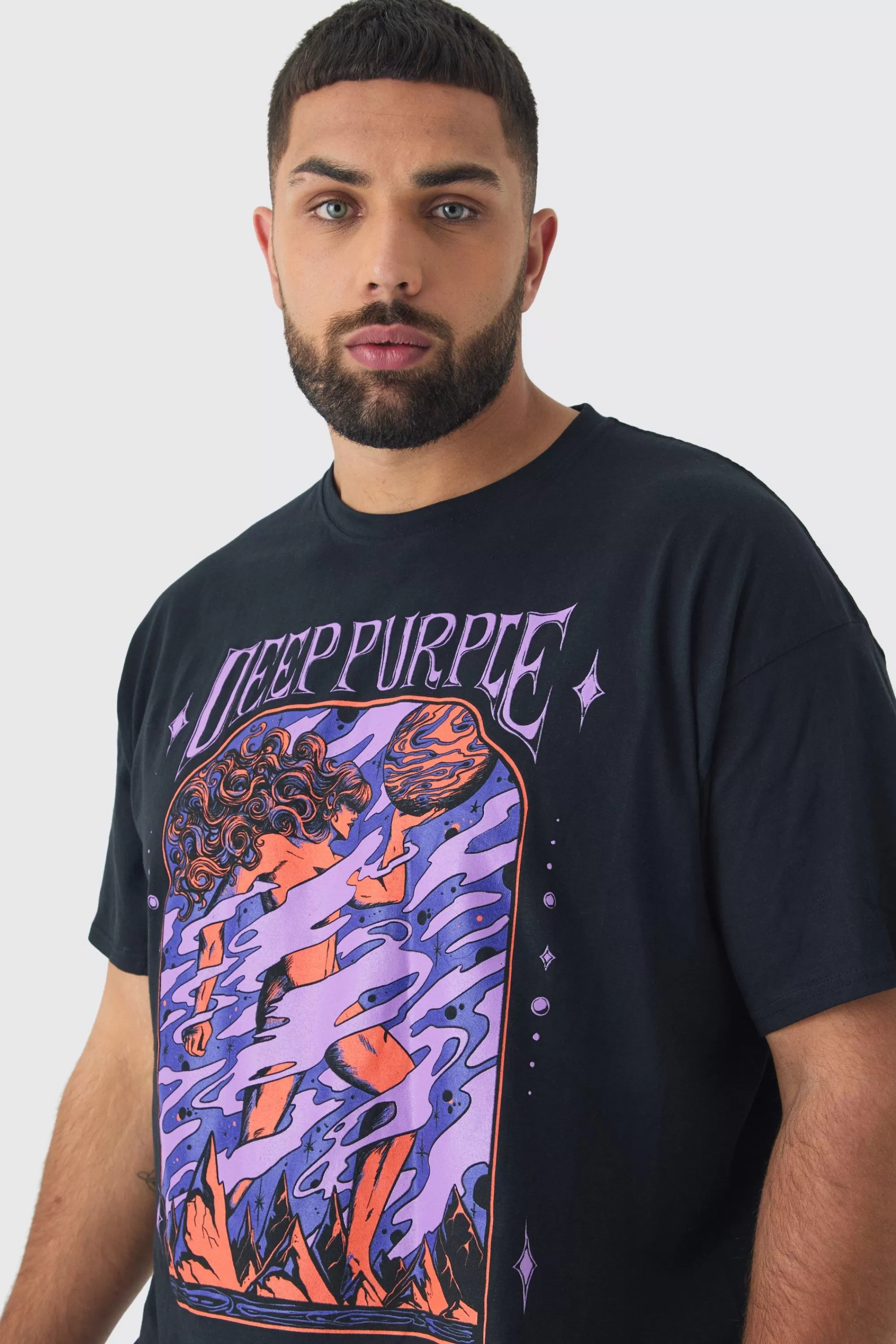boohooMAN Plus Oversized Deep Purple Band License Print T-Shirt | UK black New