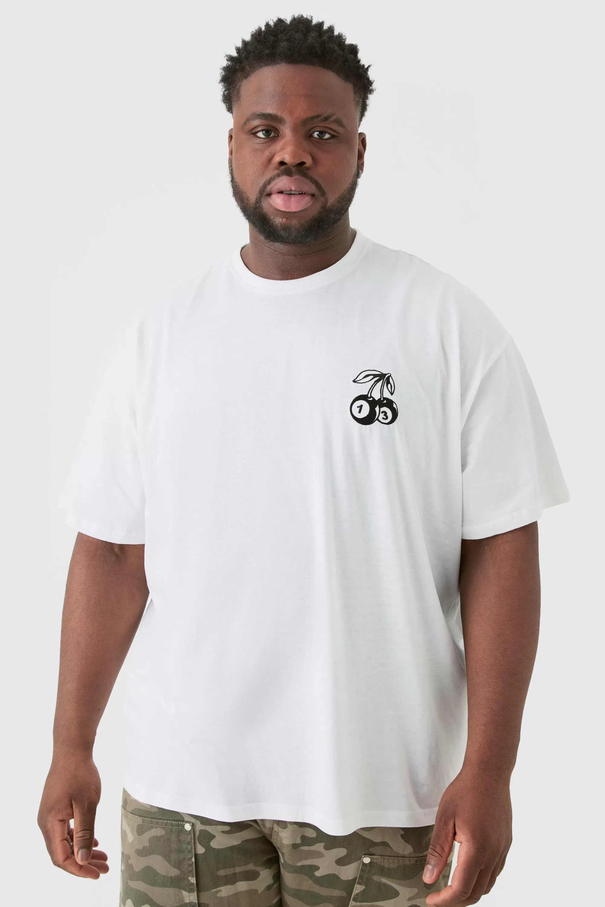 boohooMAN Plus Oversized Dice Cherry Embroidered T-shirt In | UK white New