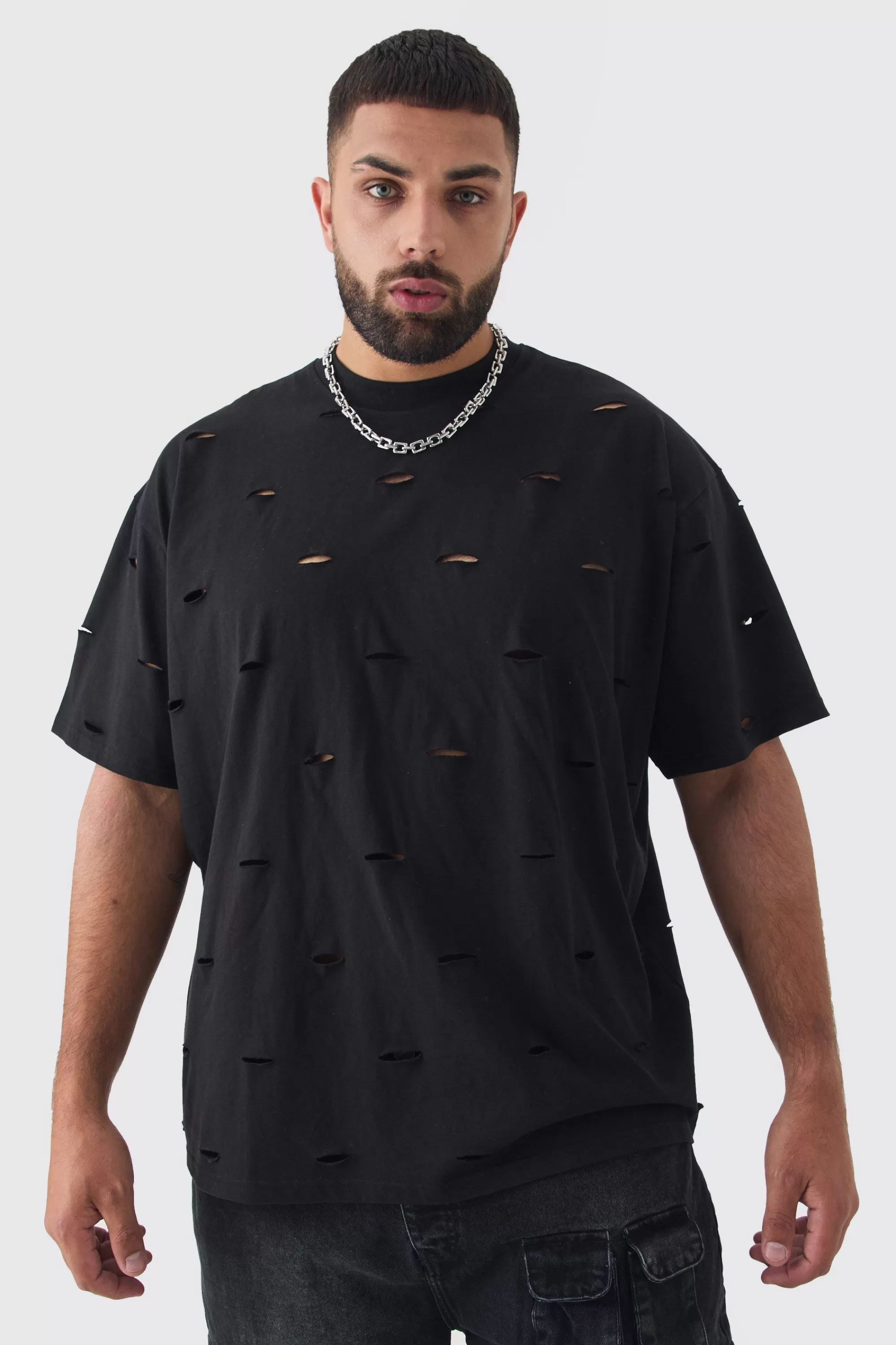boohooMAN Plus Oversized Distressed Overydye T-shirt | UK black Outlet