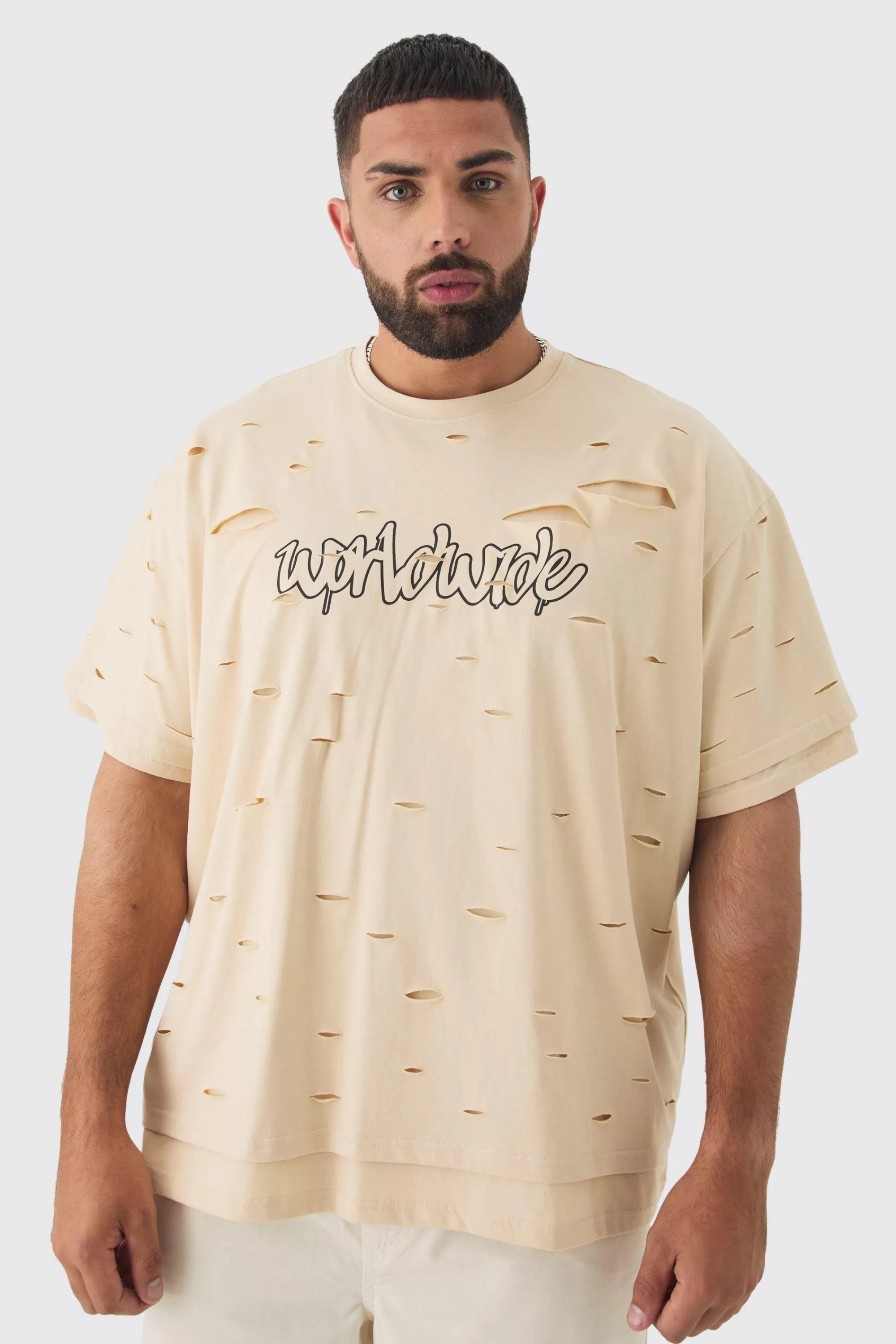 boohooMAN Plus Oversized Double Layer Homme T-shirt | UK stone Fashion