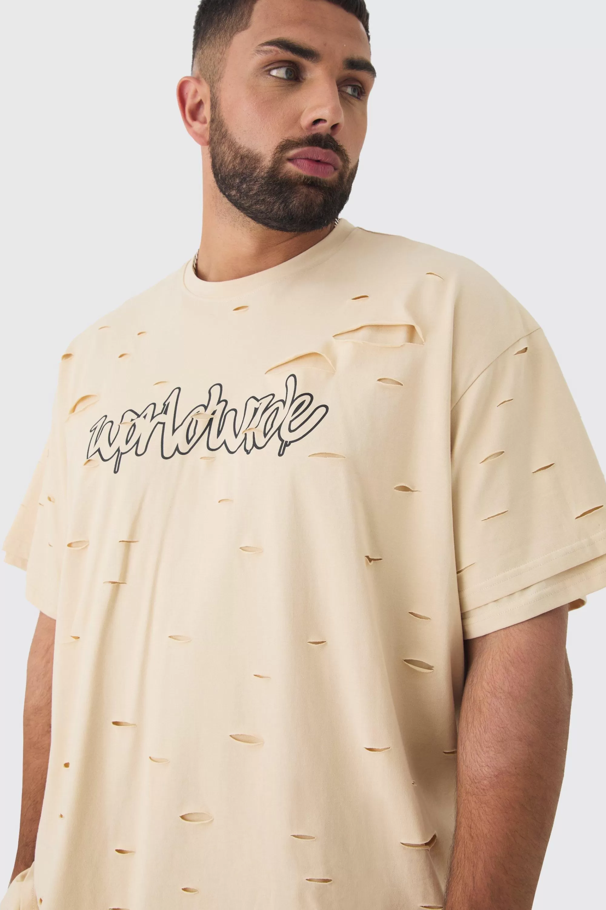boohooMAN Plus Oversized Double Layer Homme T-shirt | UK stone Fashion