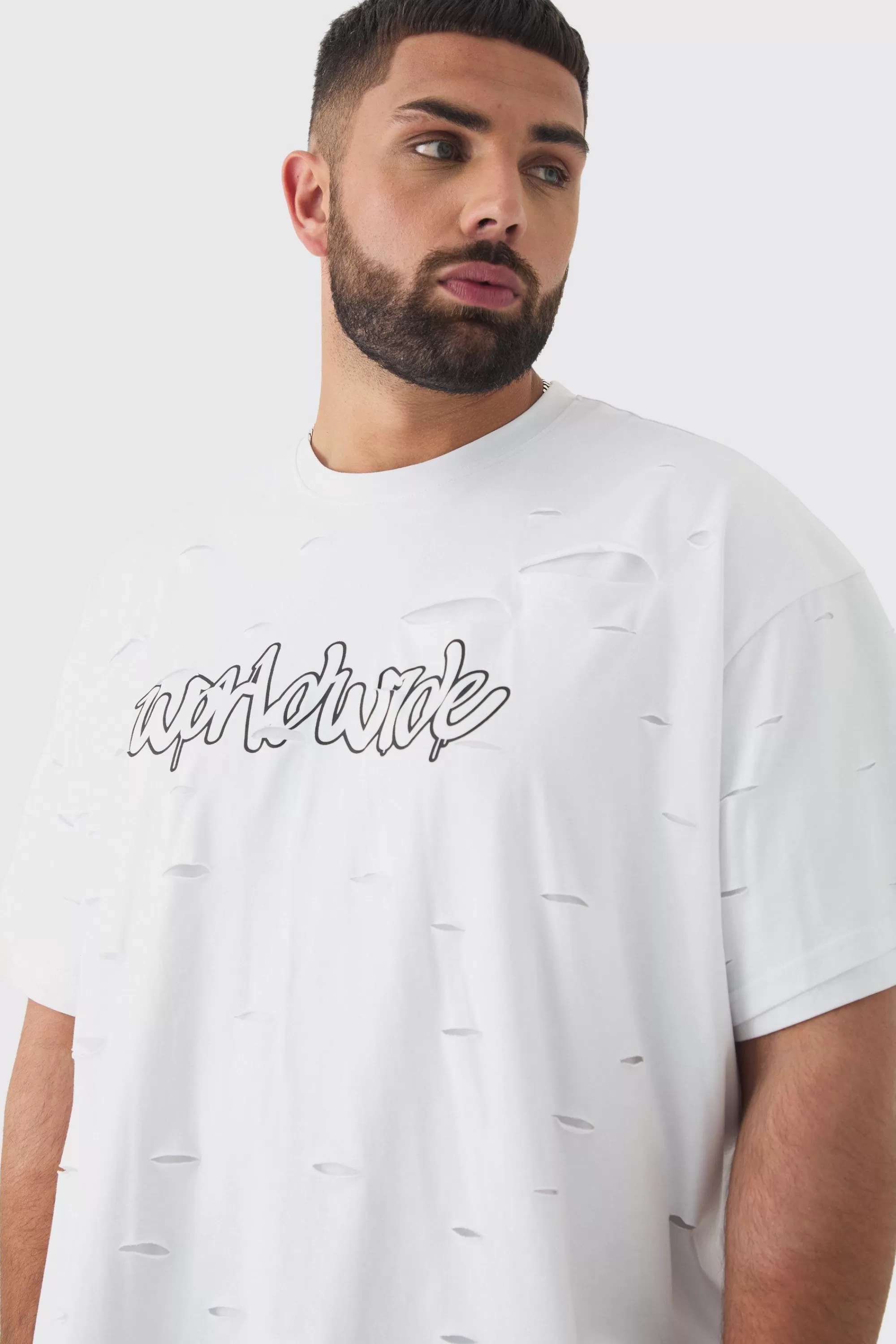 boohooMAN Plus Oversized Double Layer Worldwide T-shirt | UK white Shop