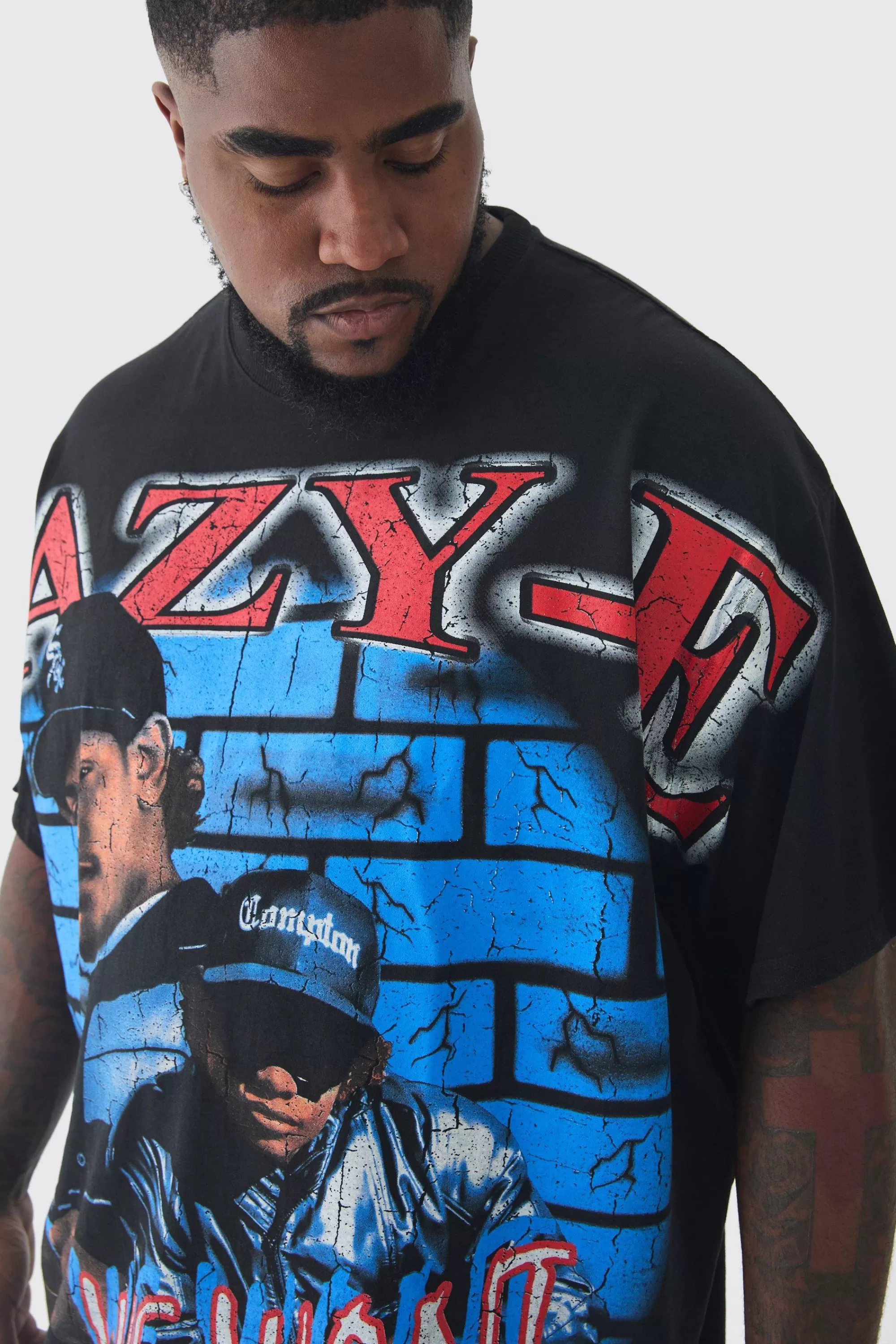 boohooMAN Plus Oversized Eazy E Large Scale License Print T-Shirt | UK black Best