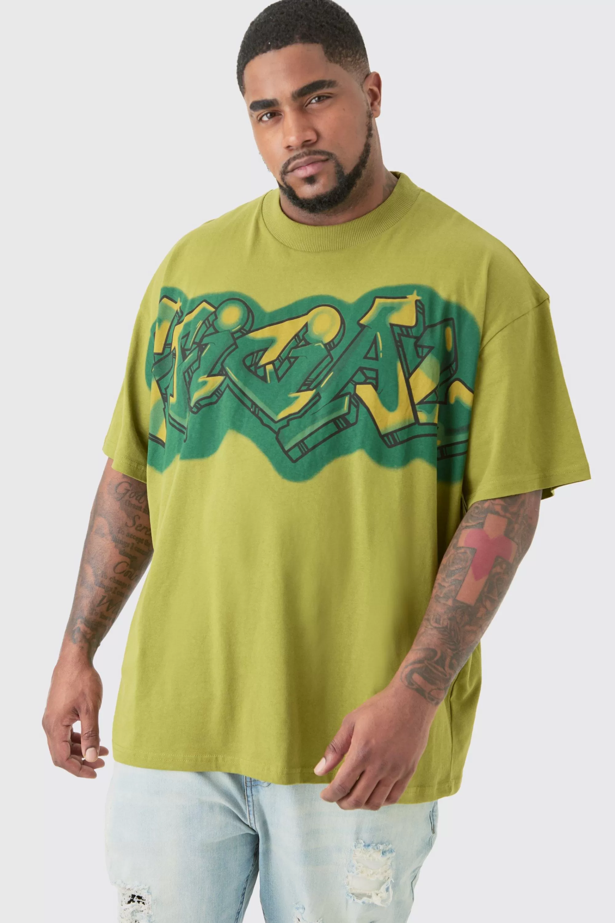 boohooMAN Plus Oversized Extended Neck Graffiti Spray T Shirt | UK khaki Cheap