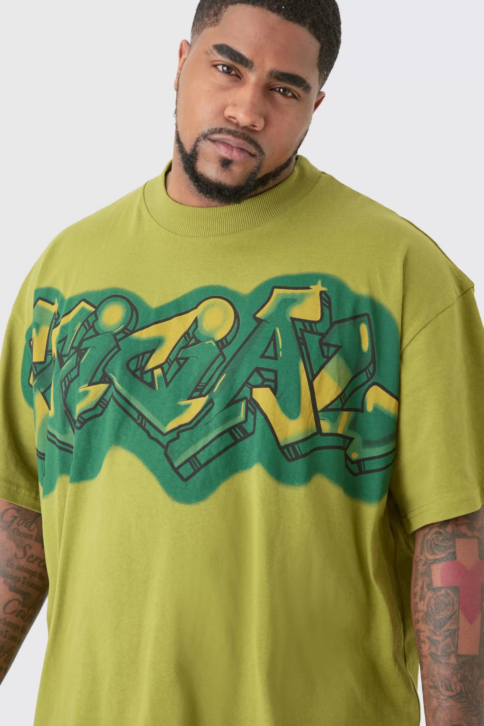 boohooMAN Plus Oversized Extended Neck Graffiti Spray T Shirt | UK khaki Cheap