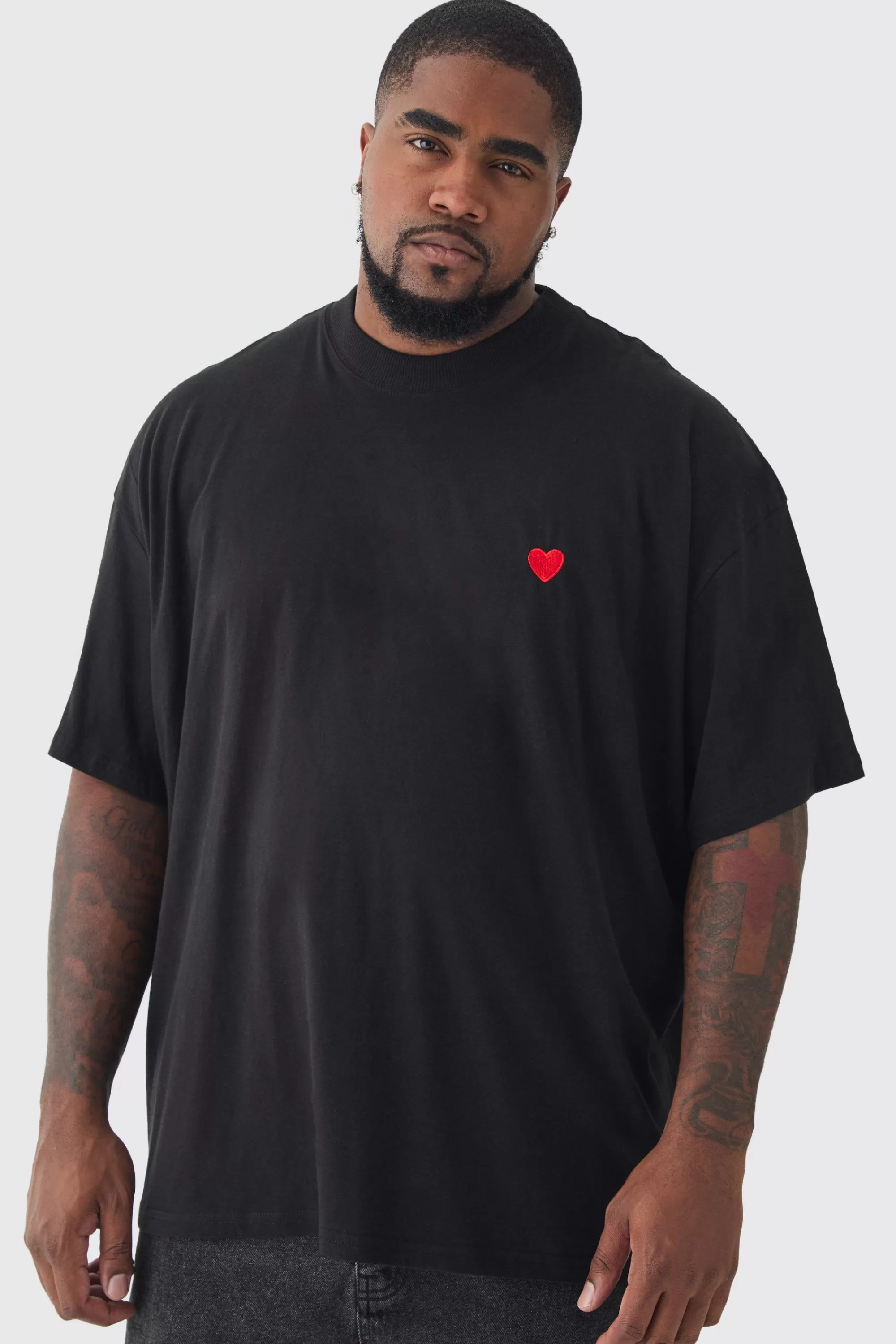 boohooMAN Plus Oversized Extended Neck Heart Embroidered T-Shirt | UK black Flash Sale