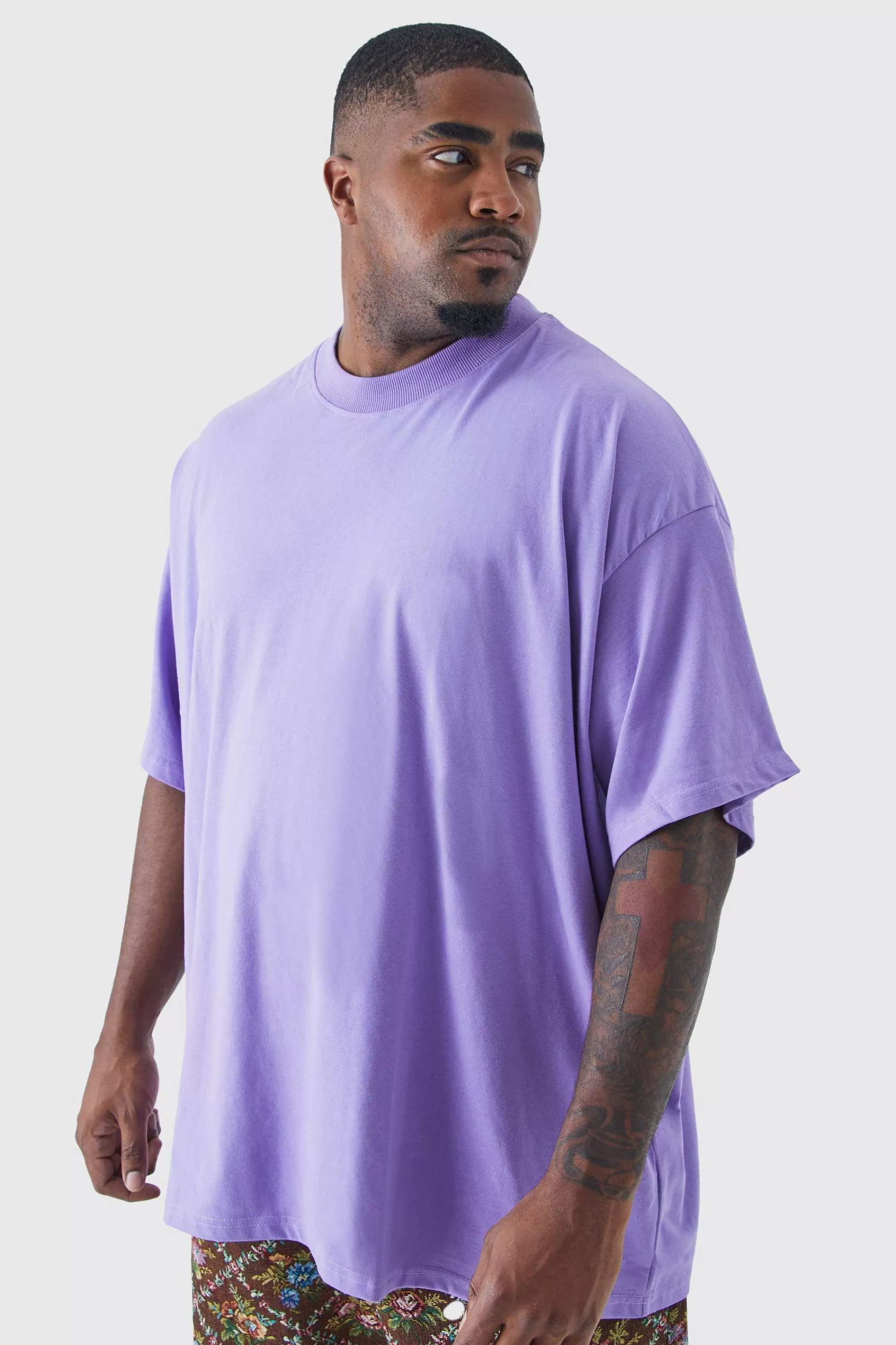 boohooMAN Plus Oversized Extended Neck Heavy T-shirt | UK purple Store