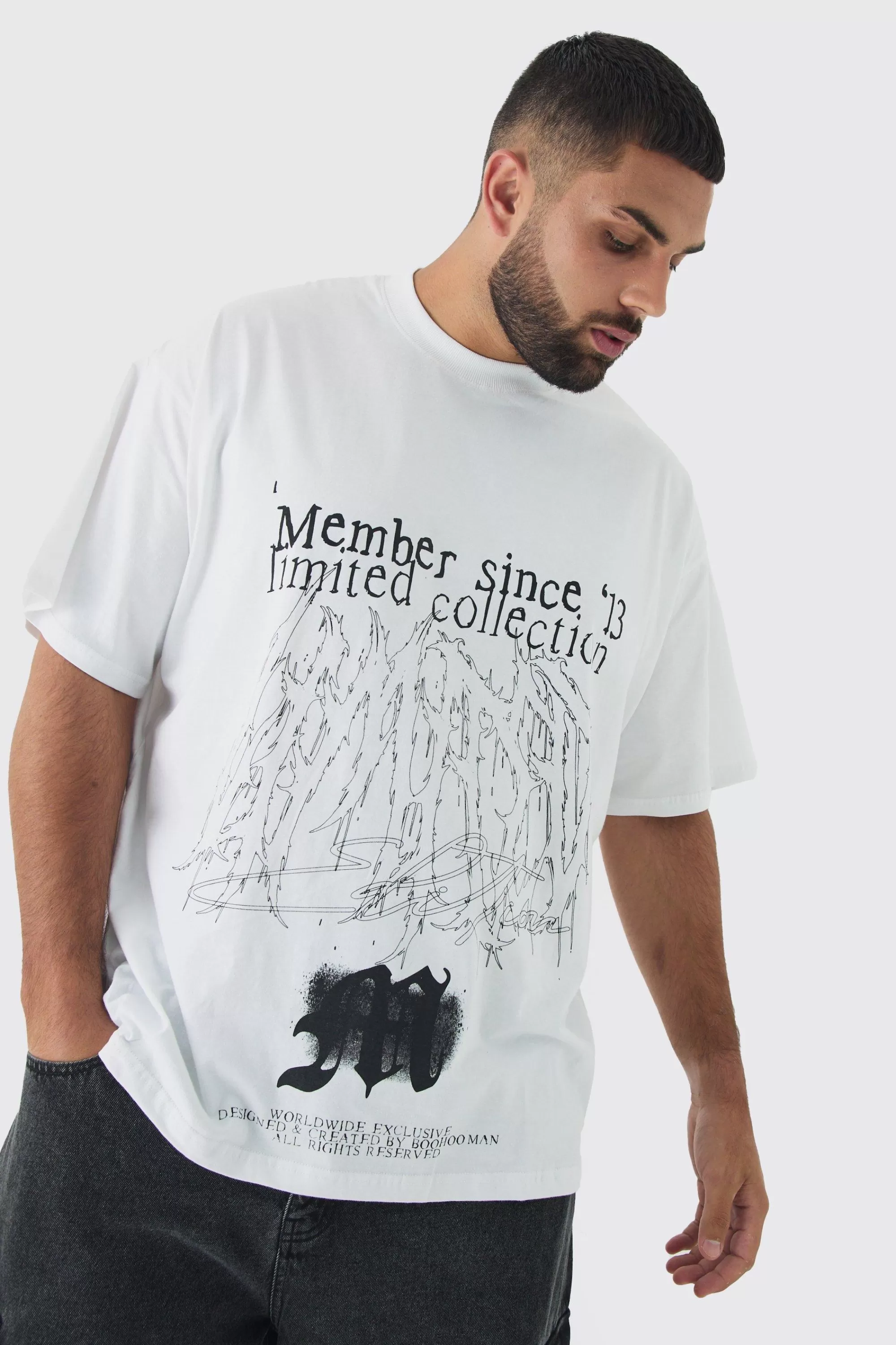 boohooMAN Plus Oversized Extended Neck Limited Print T-shirt | UK white Store