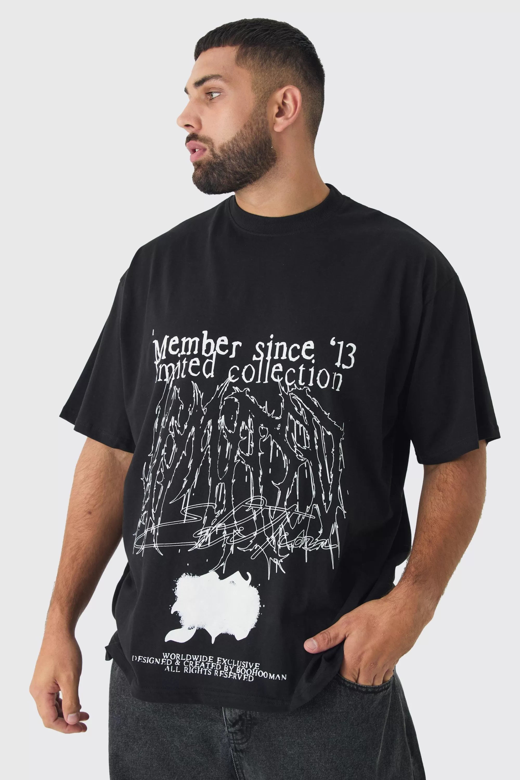 boohooMAN Plus Oversized Extended Neck Limited Print T-shirt | UK black Store