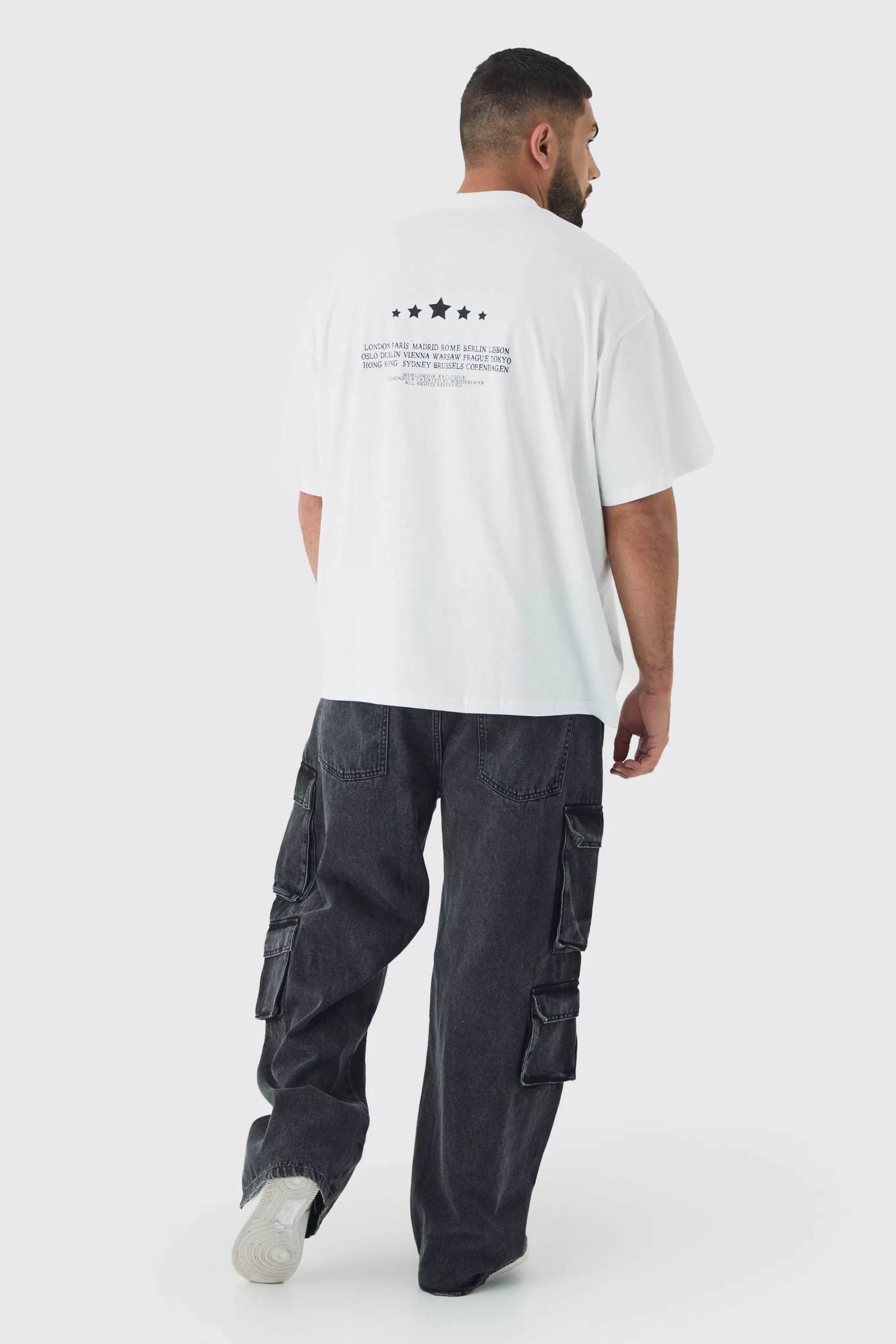 boohooMAN Plus Oversized Extended Neck Limited Print T-shirt | UK white Store