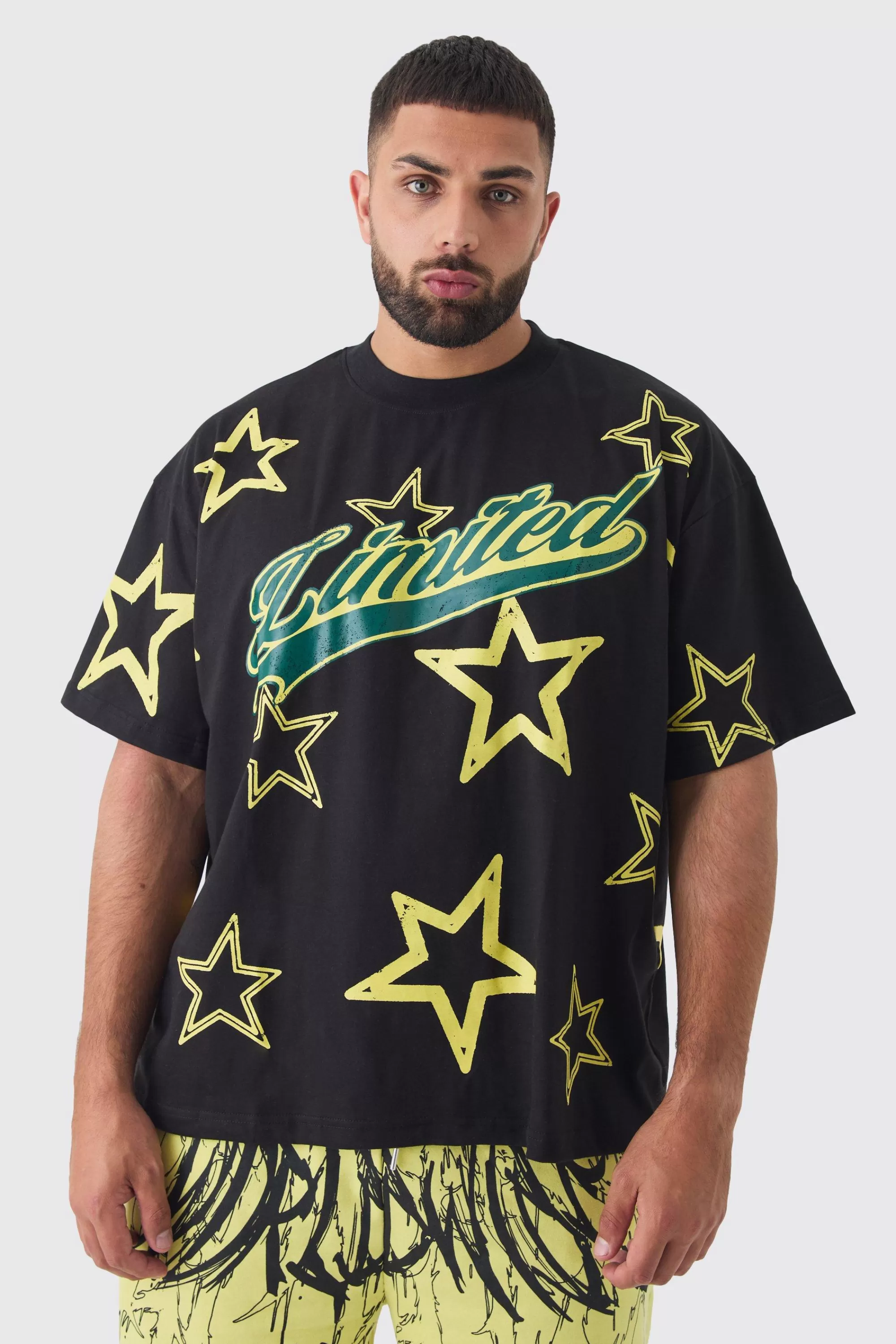 boohooMAN Plus Oversized Extended Neck Limited Star Print T-shirt | UK black Best