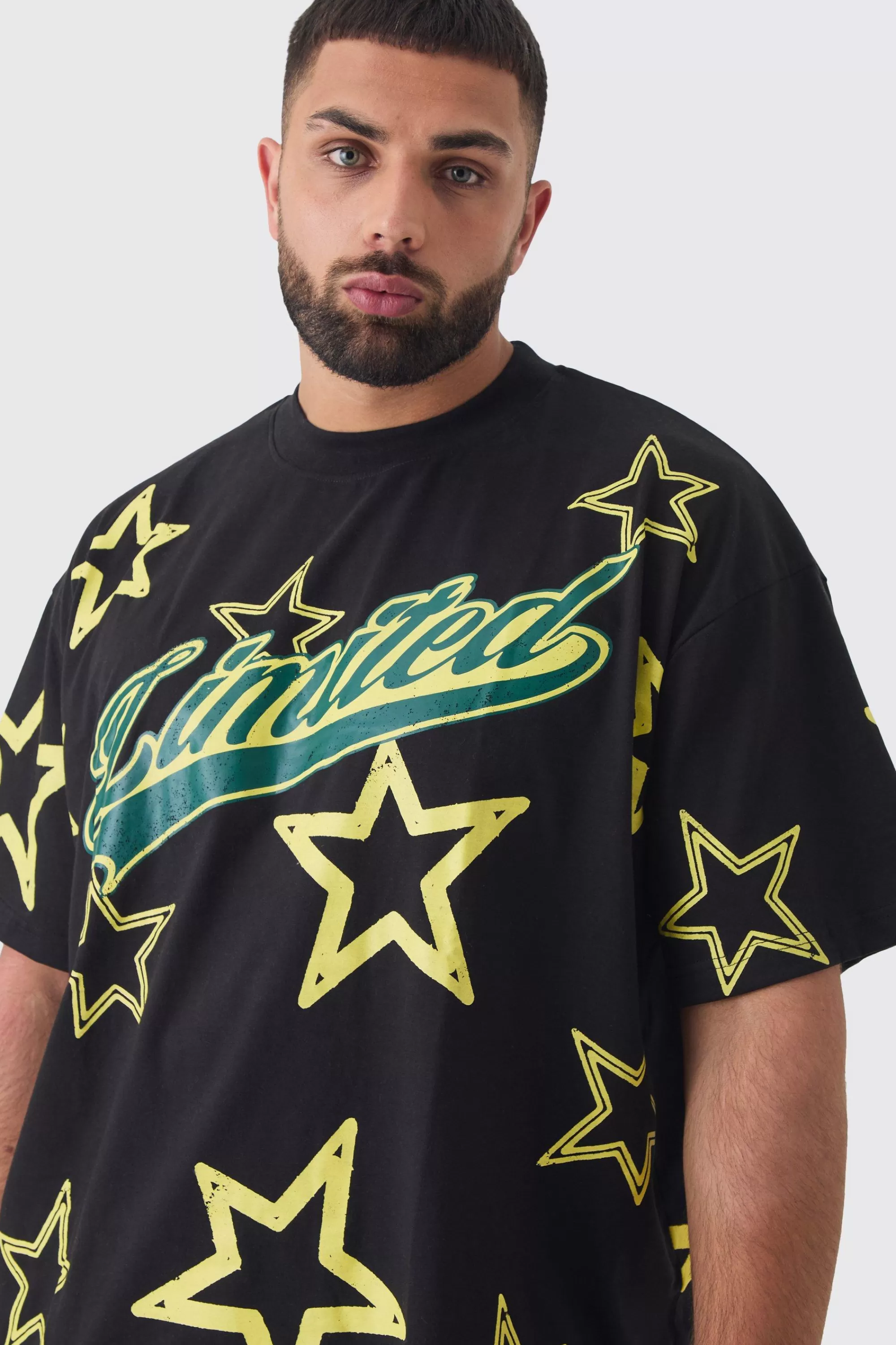 boohooMAN Plus Oversized Extended Neck Limited Star Print T-shirt | UK black Best