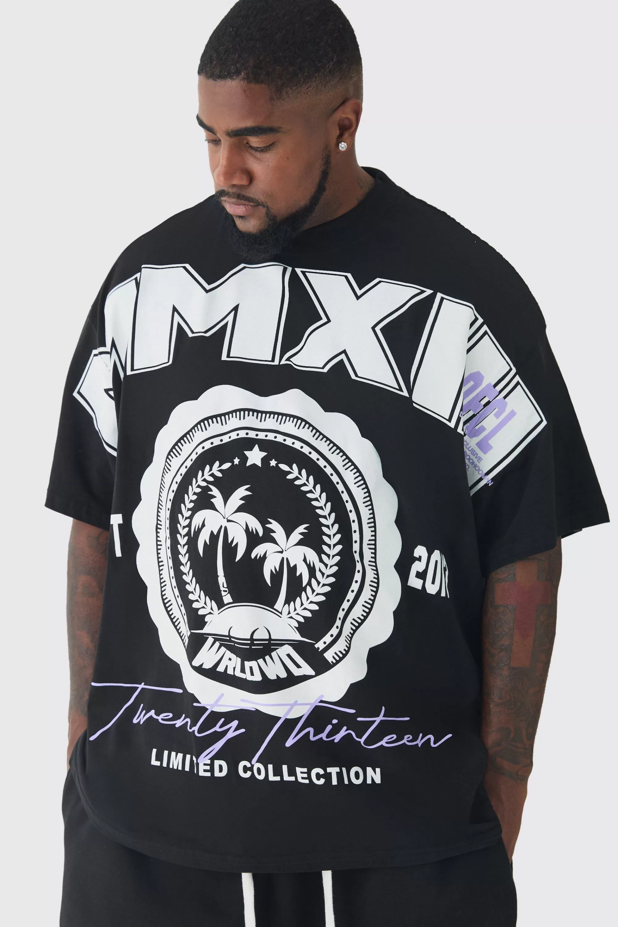 boohooMAN Plus Oversized Extended Neck MMXIII Large Scale Print T-Shirt | UK black Flash Sale