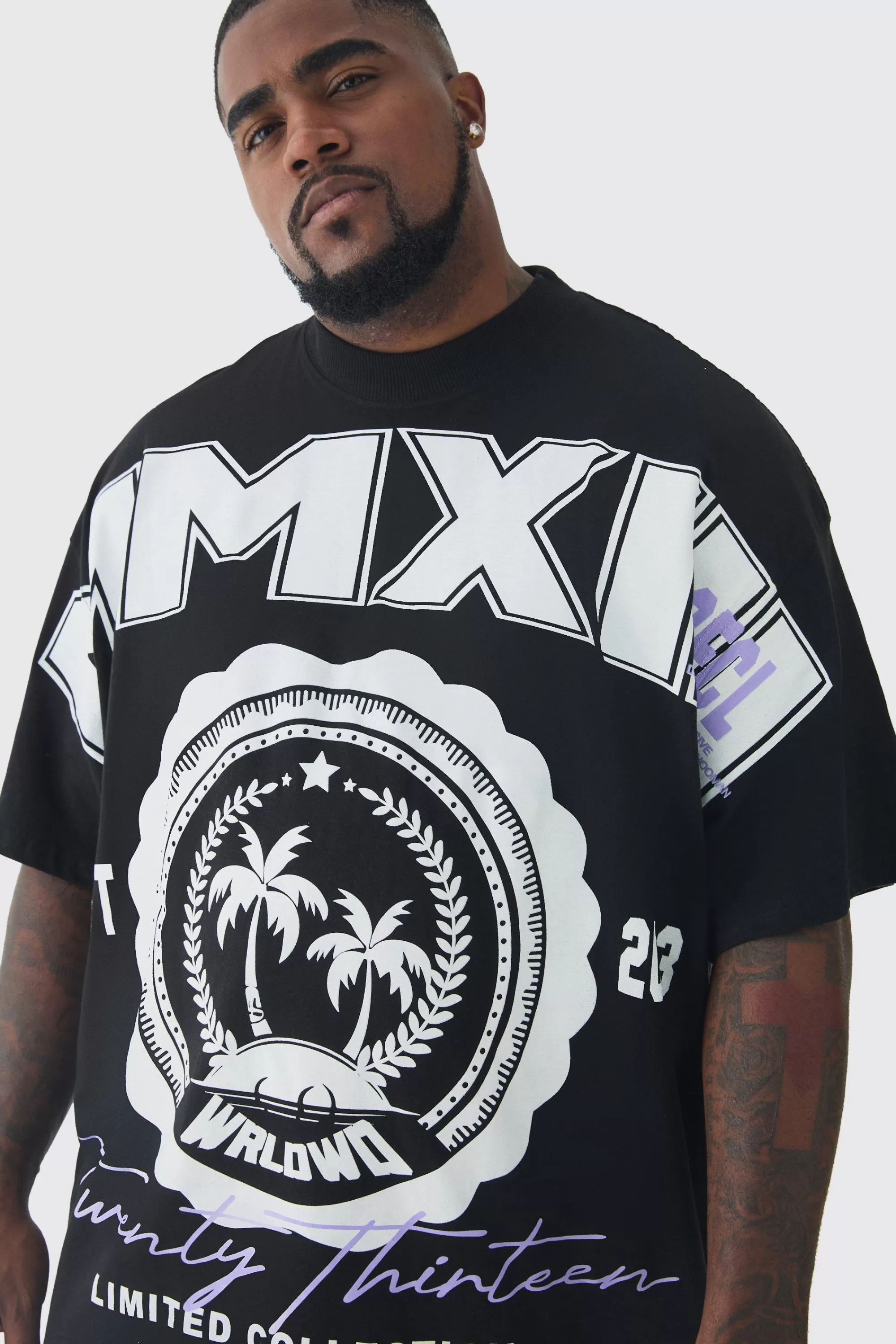 boohooMAN Plus Oversized Extended Neck MMXIII Large Scale Print T-Shirt | UK black Flash Sale