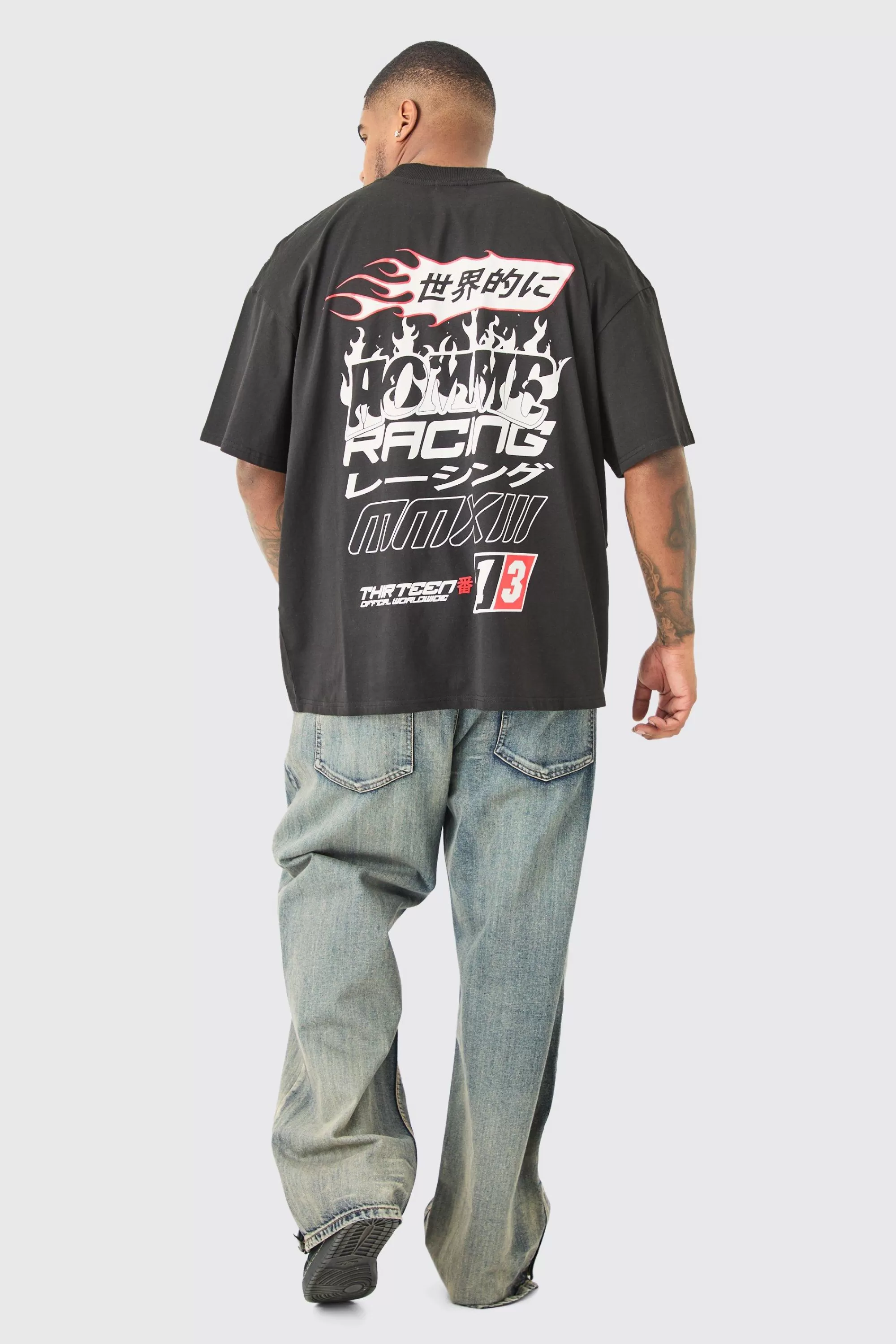 boohooMAN Plus Oversized Extended Neck Moto T-shirt In | UK black Best