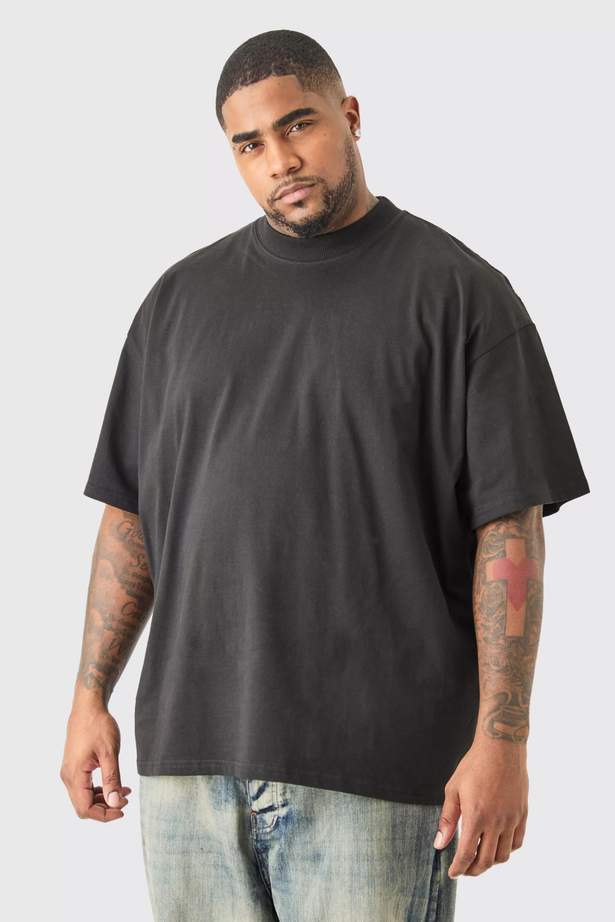 boohooMAN Plus Oversized Extended Neck Moto T-shirt In | UK black Best