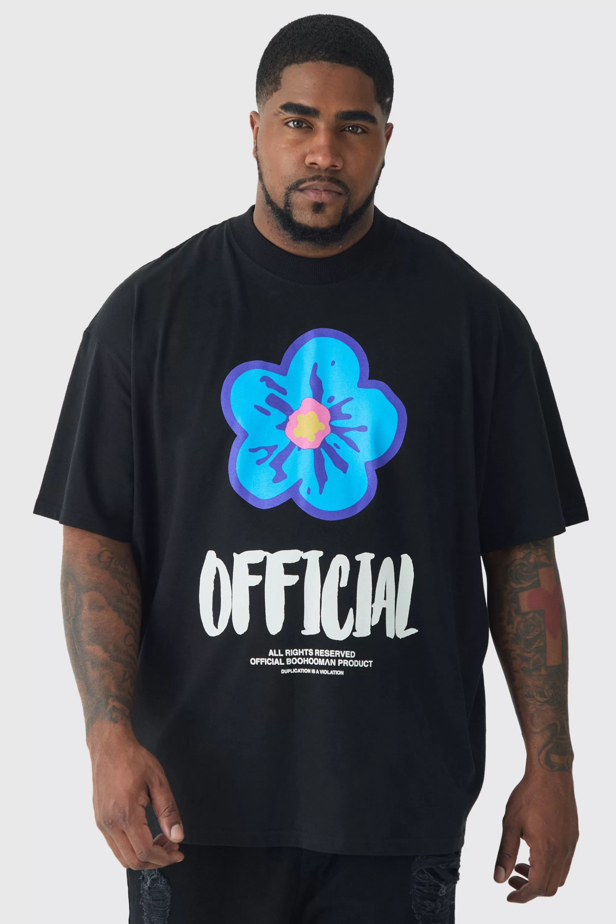 boohooMAN Plus Oversized Extended Neck Official Floral Print T-shirt | UK black New