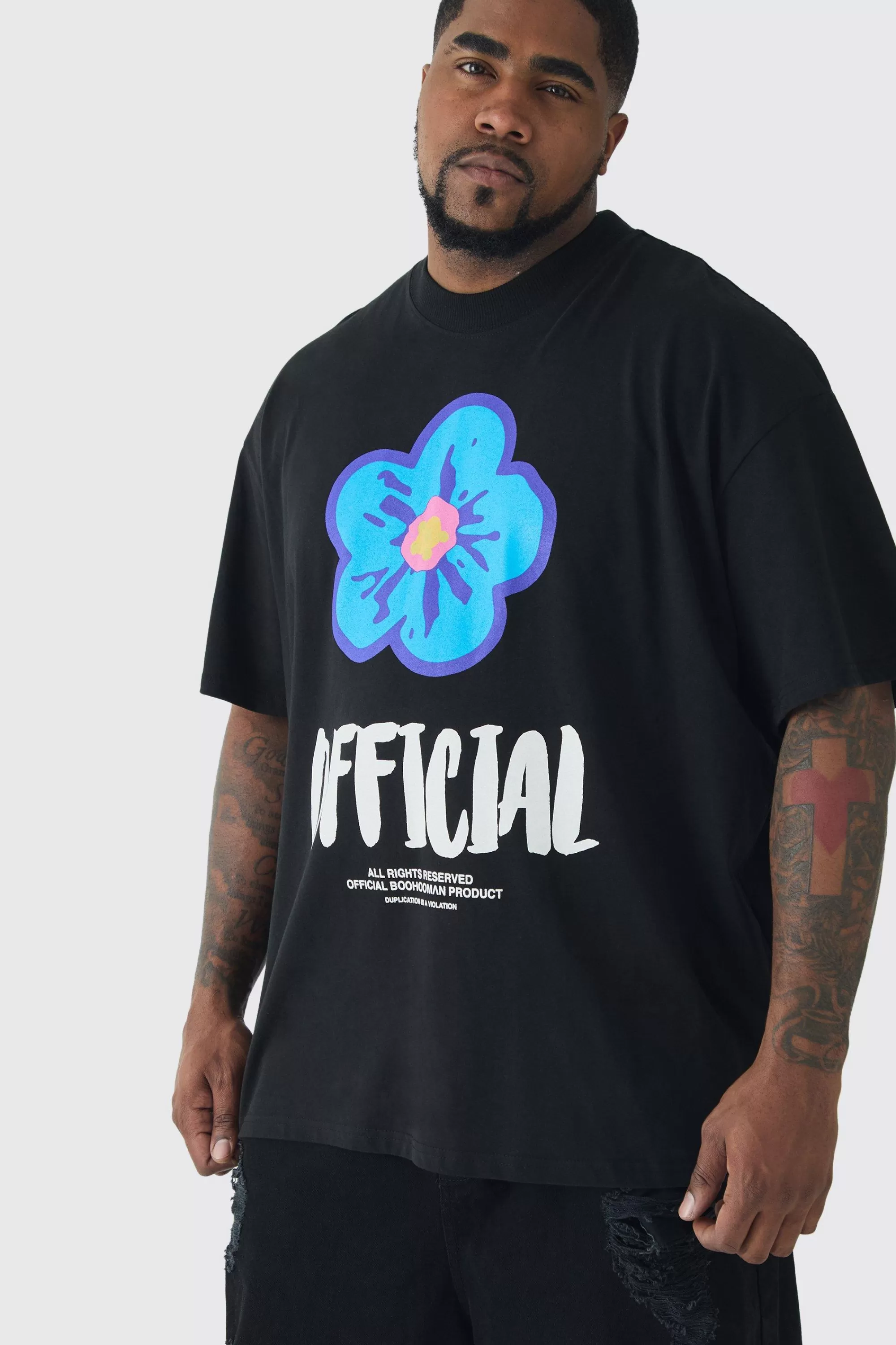 boohooMAN Plus Oversized Extended Neck Official Floral Print T-shirt | UK black New