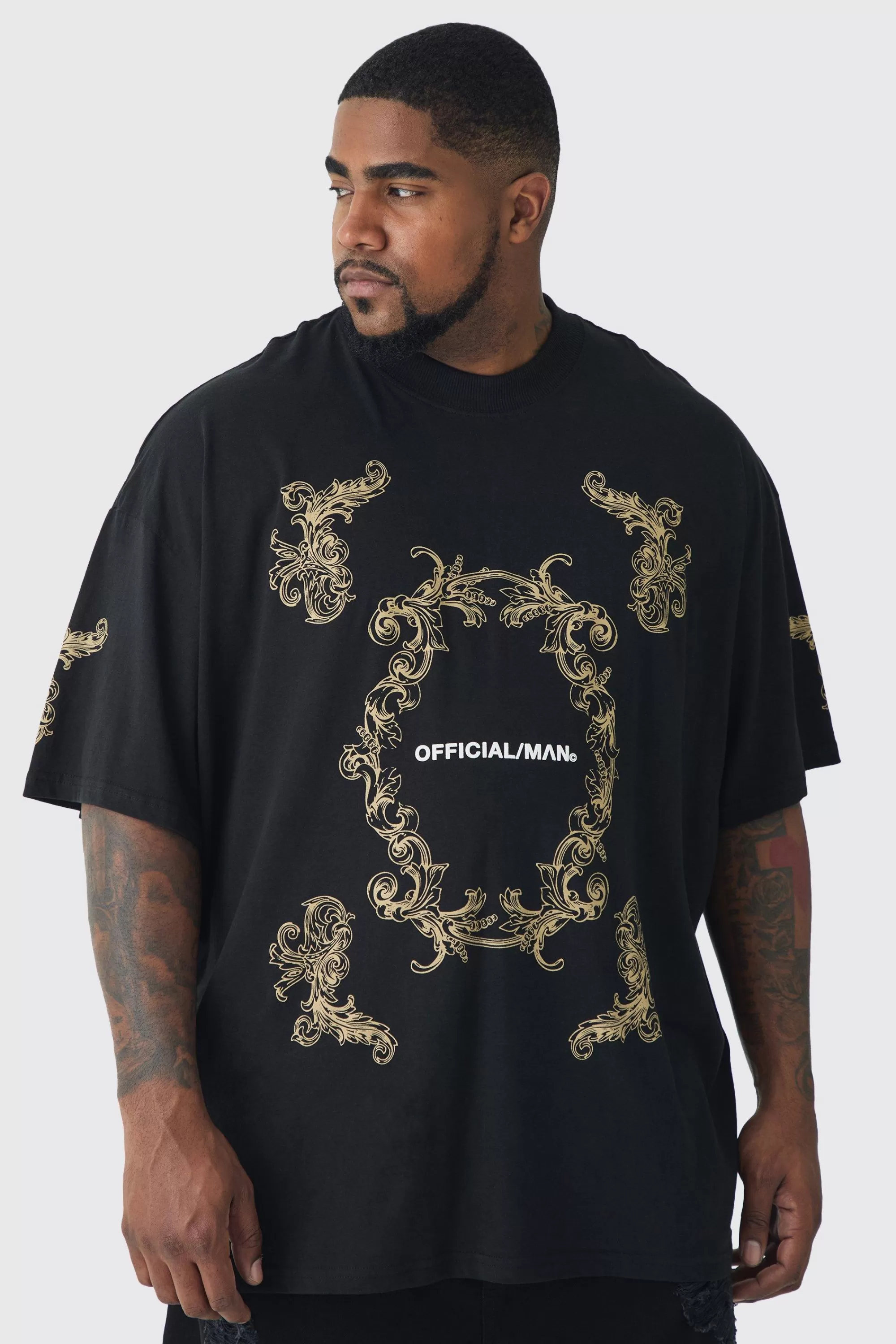 boohooMAN Plus Oversized Extended Neck Official Man Baroque Print T-Shirt | UK black Cheap
