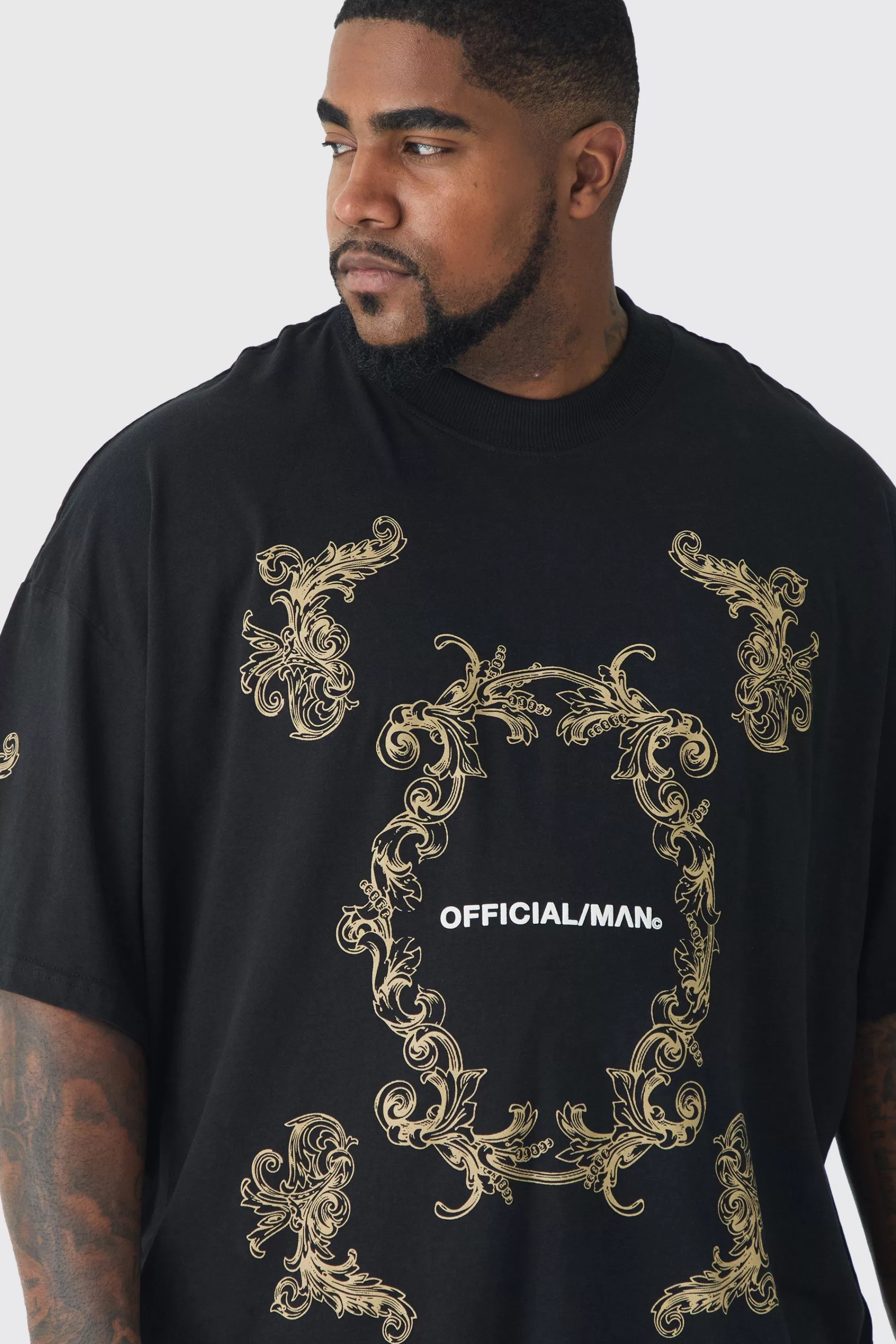boohooMAN Plus Oversized Extended Neck Official Man Baroque Print T-Shirt | UK black Cheap