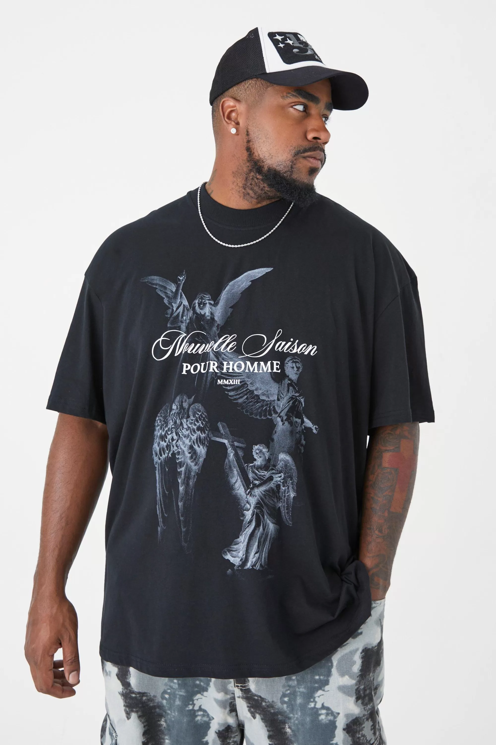 boohooMAN Plus Oversized Extended Neck Renaissance T-shirt | UK black Online