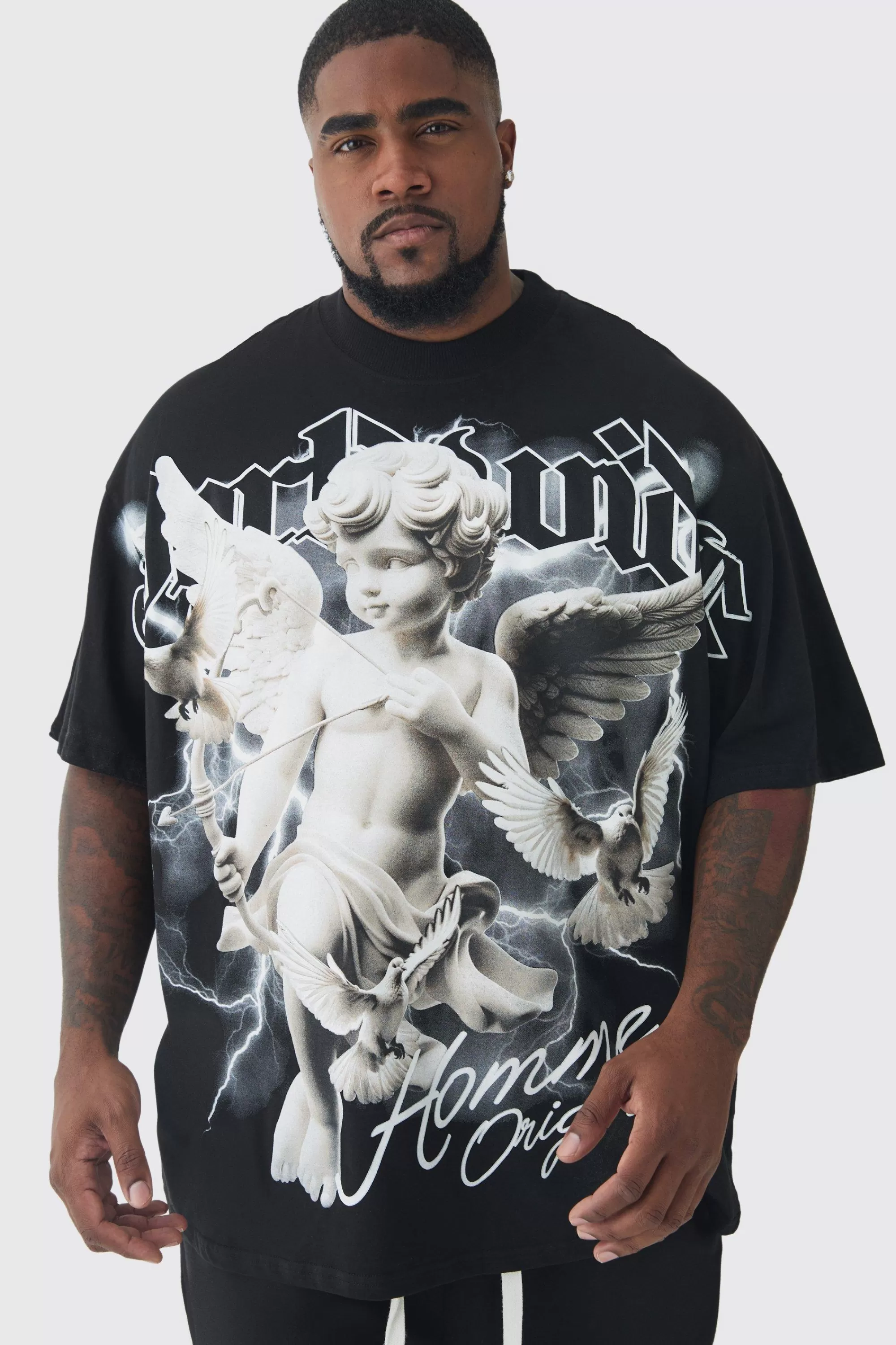 boohooMAN Plus Oversized Extended Neck Rennaisance Large Scale Print T-Shirt | UK black Store