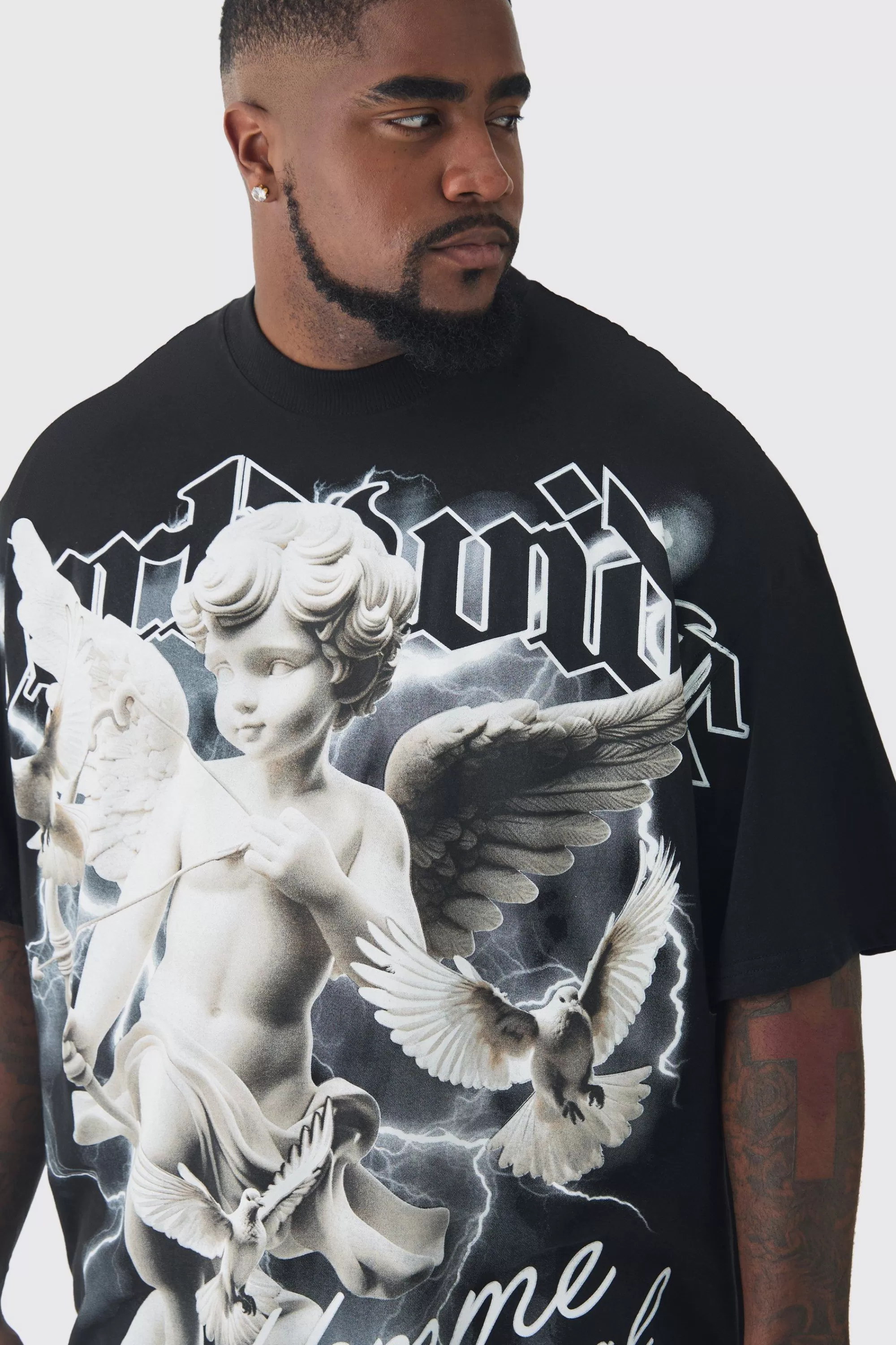 boohooMAN Plus Oversized Extended Neck Rennaisance Large Scale Print T-Shirt | UK black Store