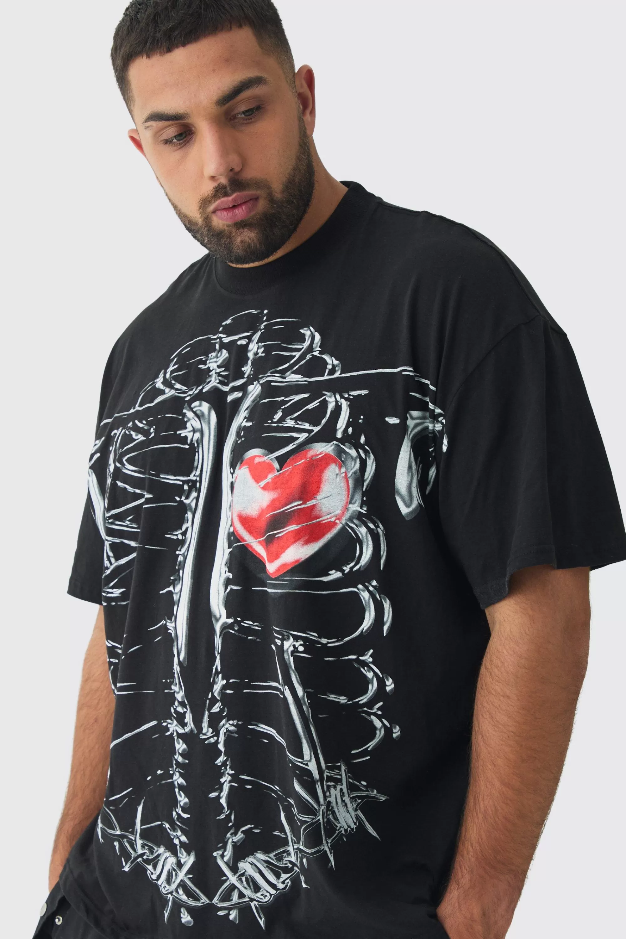boohooMAN Plus Oversized Extended Neck Ribcage Large Scale Print T-Shirt | UK black Cheap