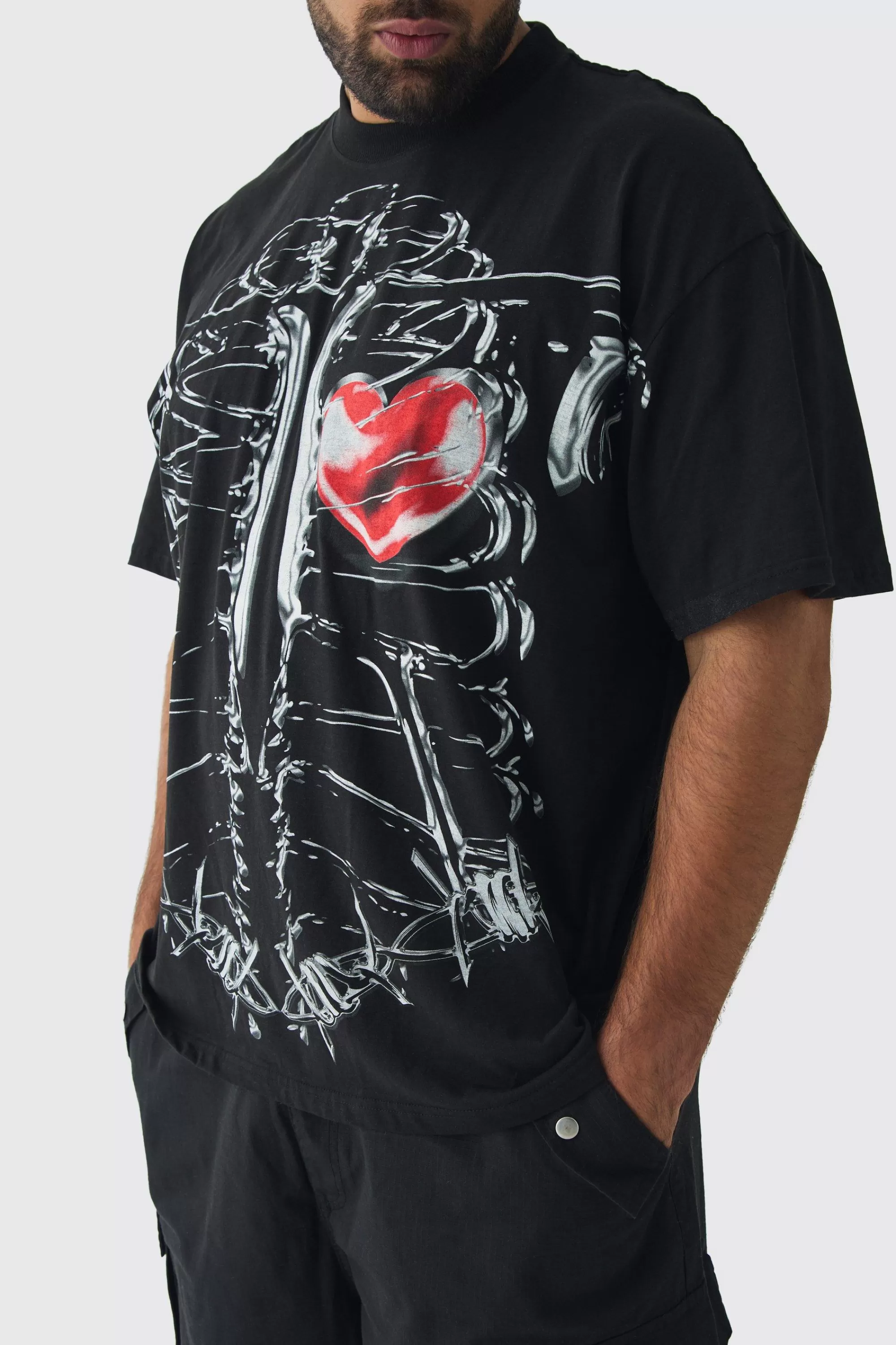 boohooMAN Plus Oversized Extended Neck Ribcage Large Scale Print T-Shirt | UK black Cheap