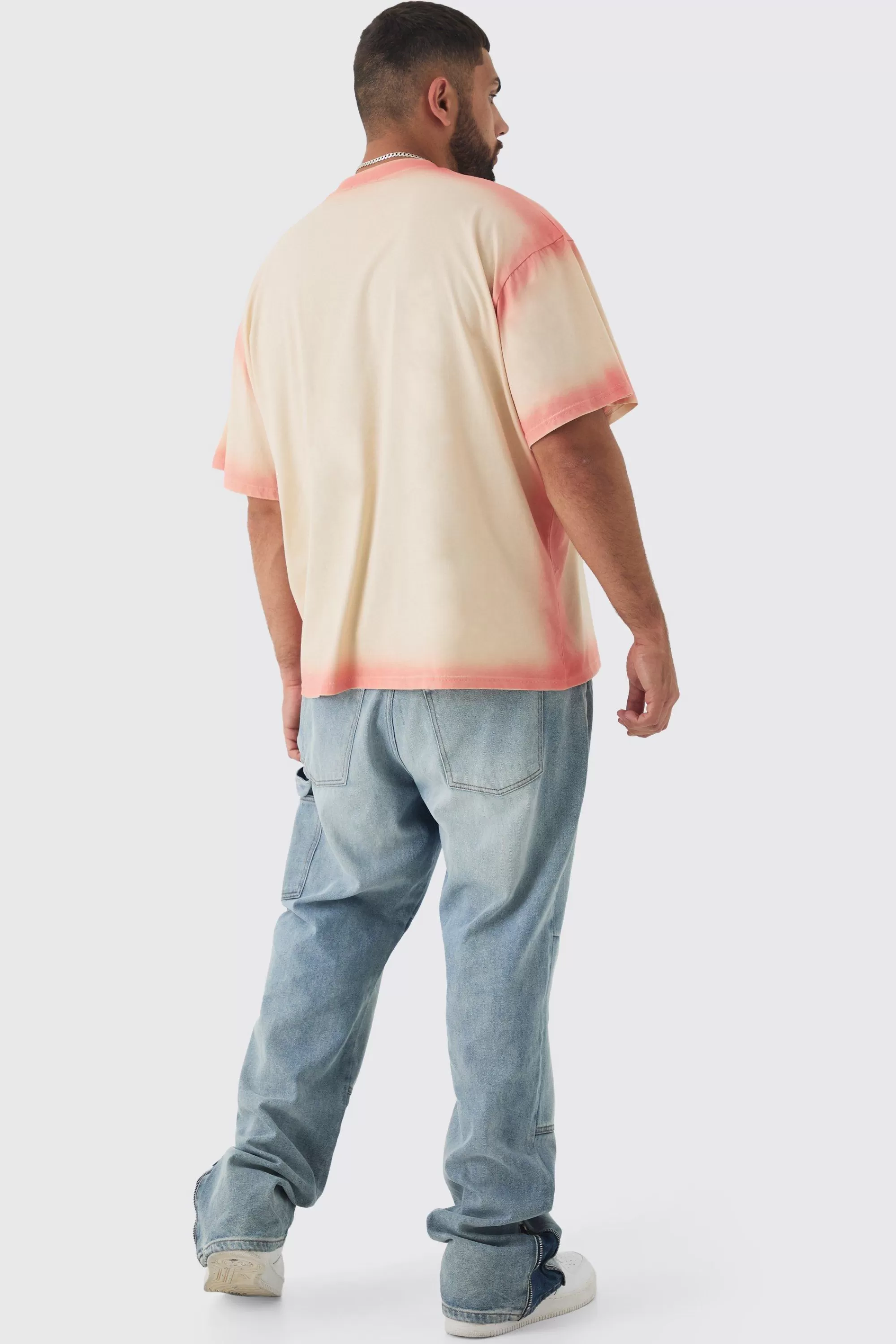 boohooMAN Plus Oversized Extended Neck Spray Wash T-shirt | UK stone Clearance