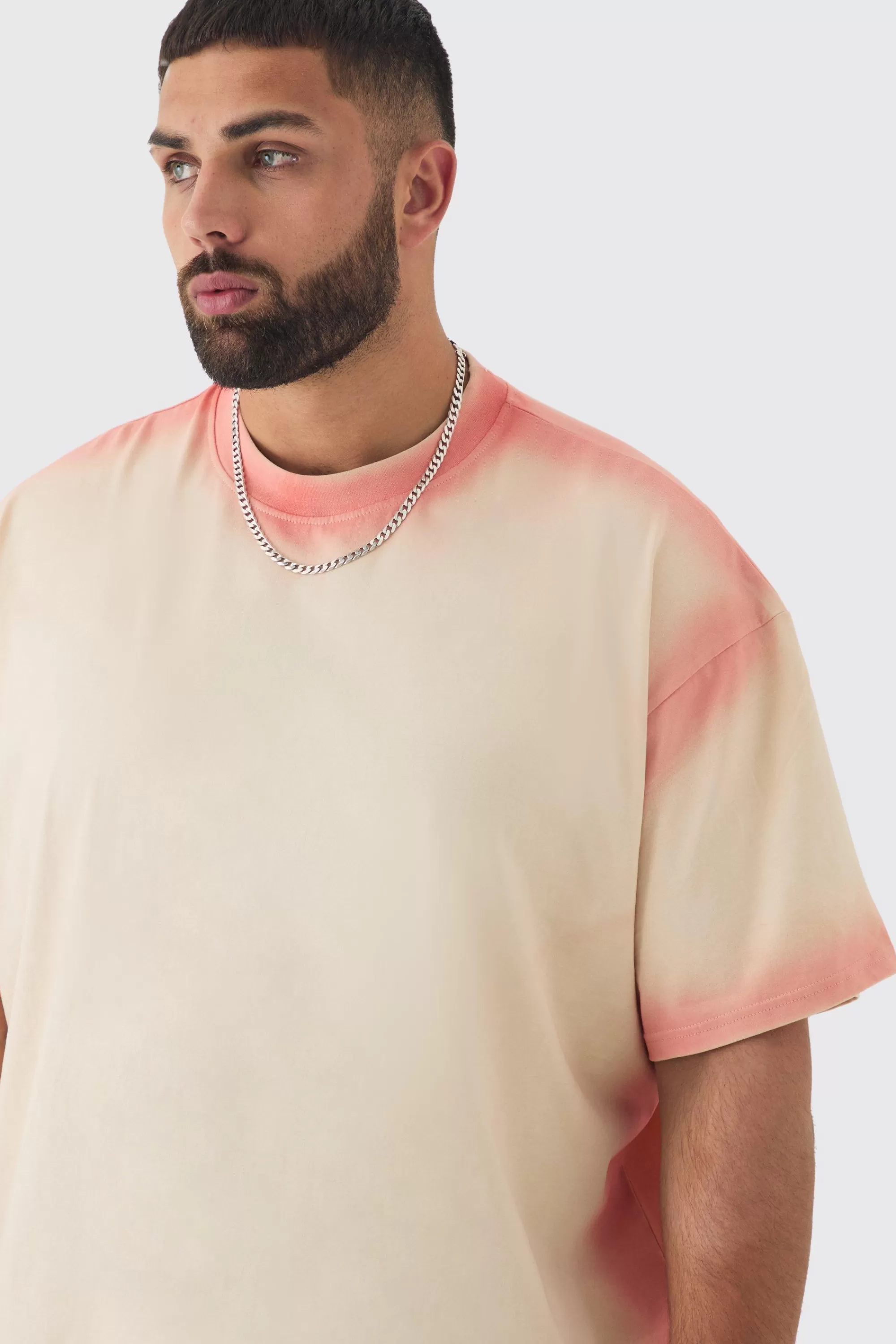 boohooMAN Plus Oversized Extended Neck Spray Wash T-shirt | UK stone Clearance
