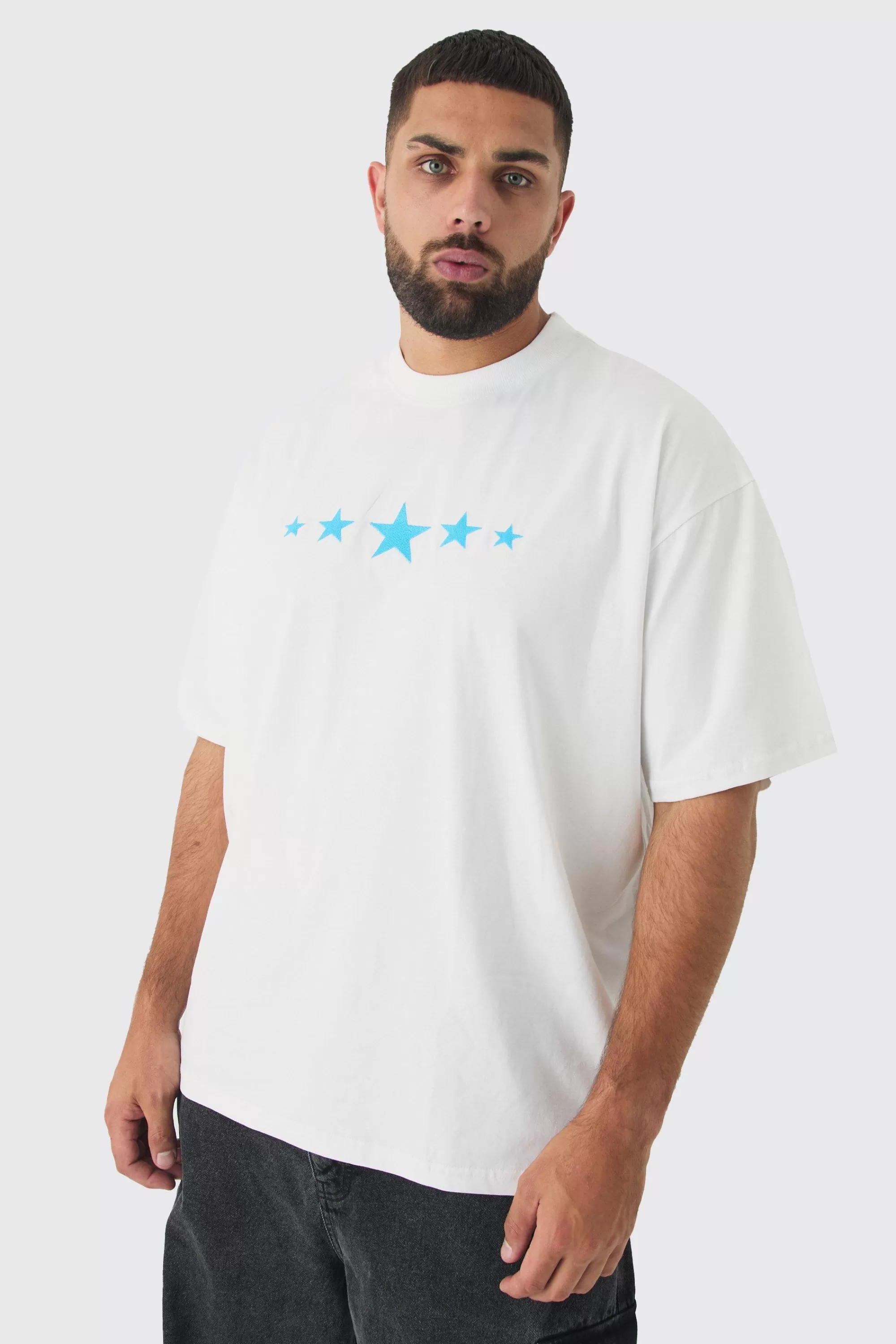 boohooMAN Plus Oversized Extended Neck Star Print T-shirt | UK white Discount
