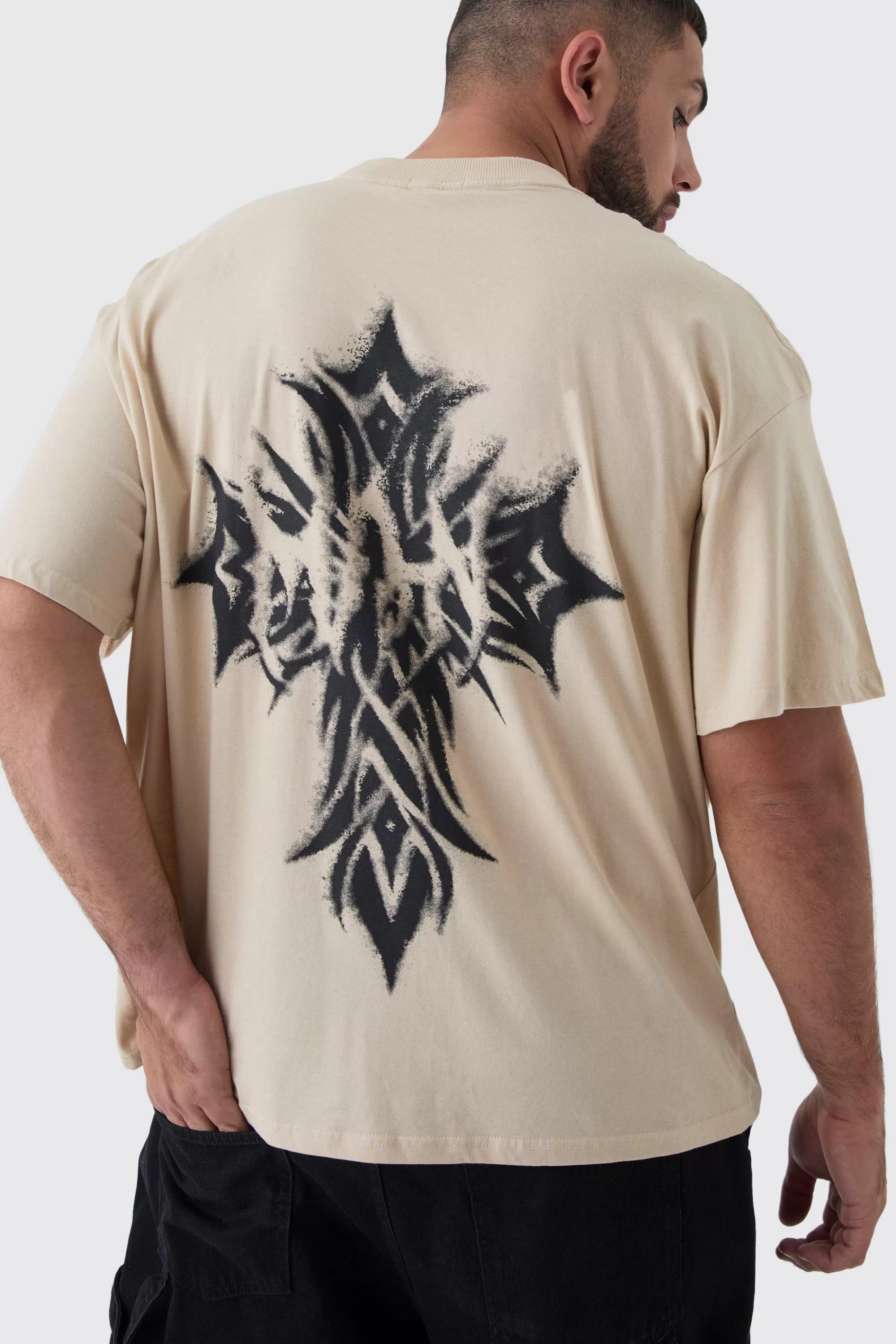 boohooMAN Plus Oversized Extended Neck Worldwide Gothic Cross Print T-Shirt | UK sand Sale