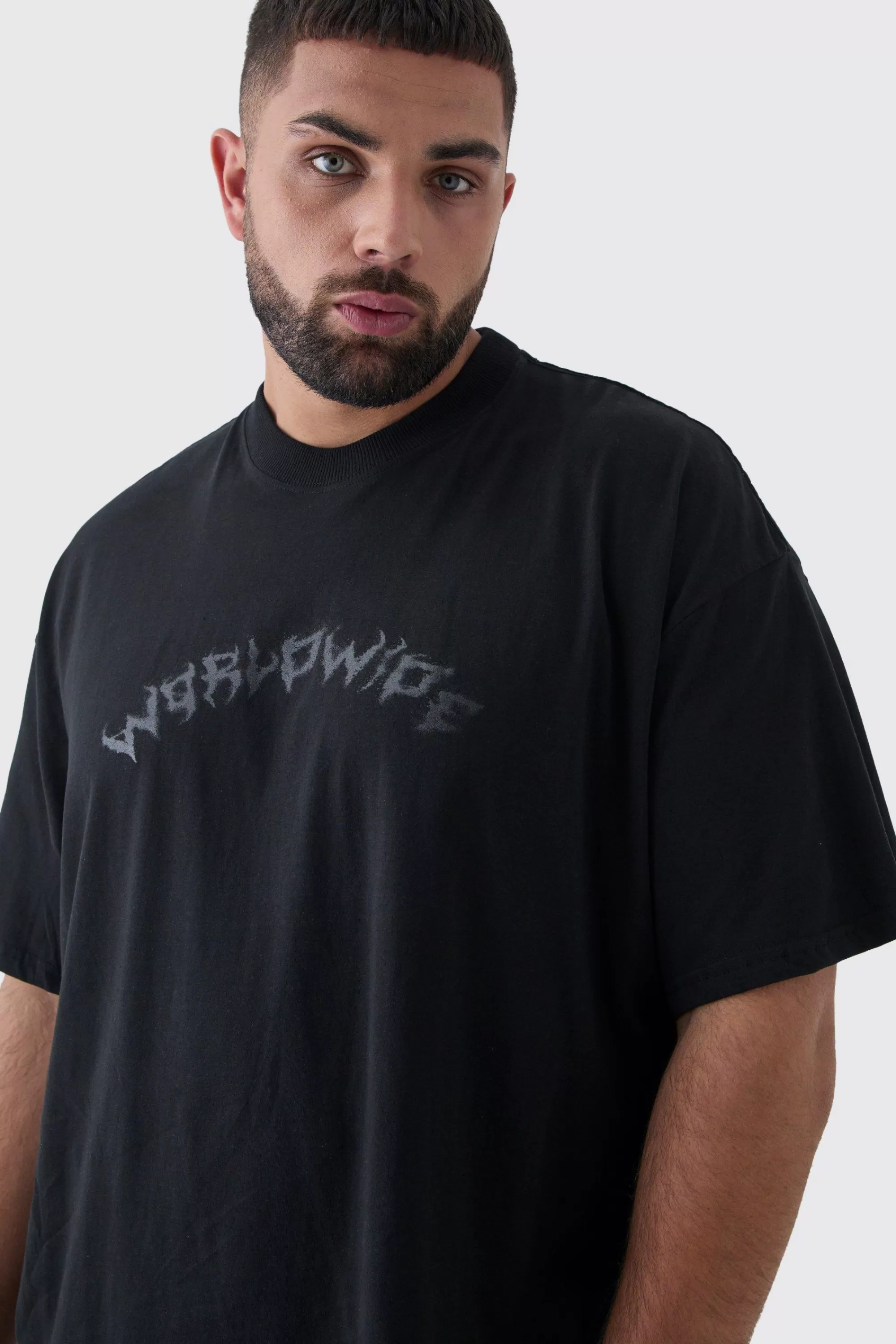 boohooMAN Plus Oversized Extended Neck Worldwide Gothic Cross Print T-Shirt | UK black Discount