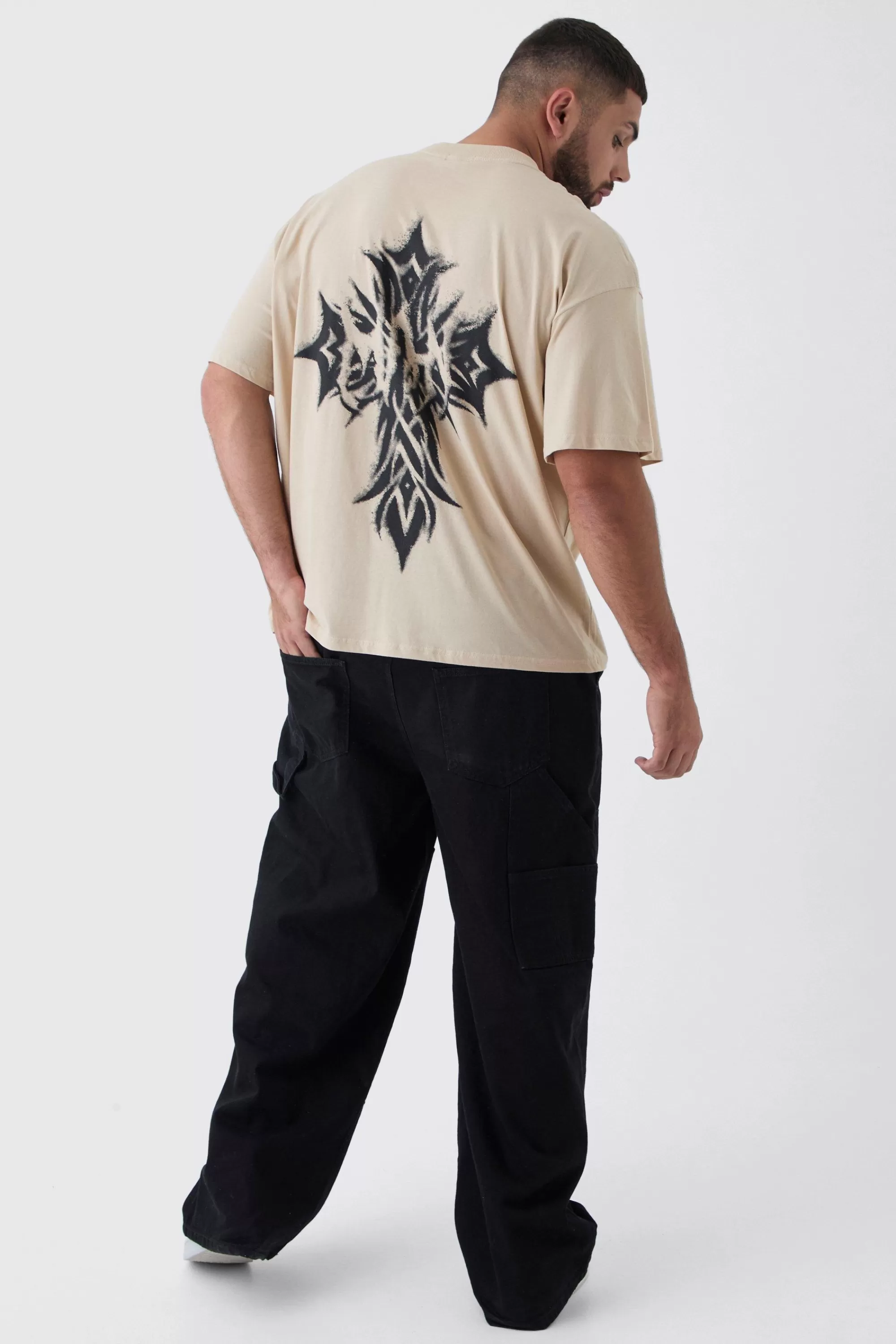 boohooMAN Plus Oversized Extended Neck Worldwide Gothic Cross Print T-Shirt | UK sand Sale