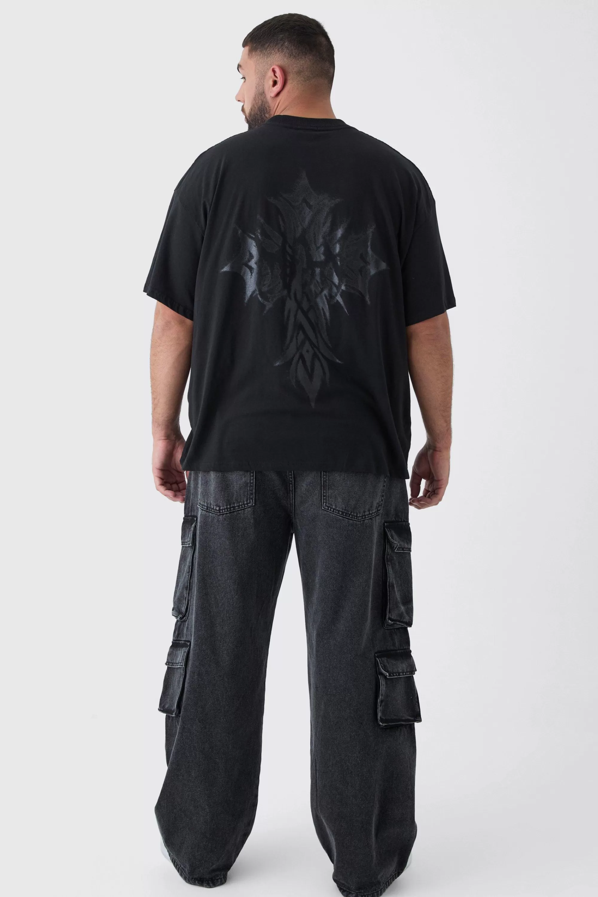 boohooMAN Plus Oversized Extended Neck Worldwide Gothic Cross Print T-Shirt | UK black Discount