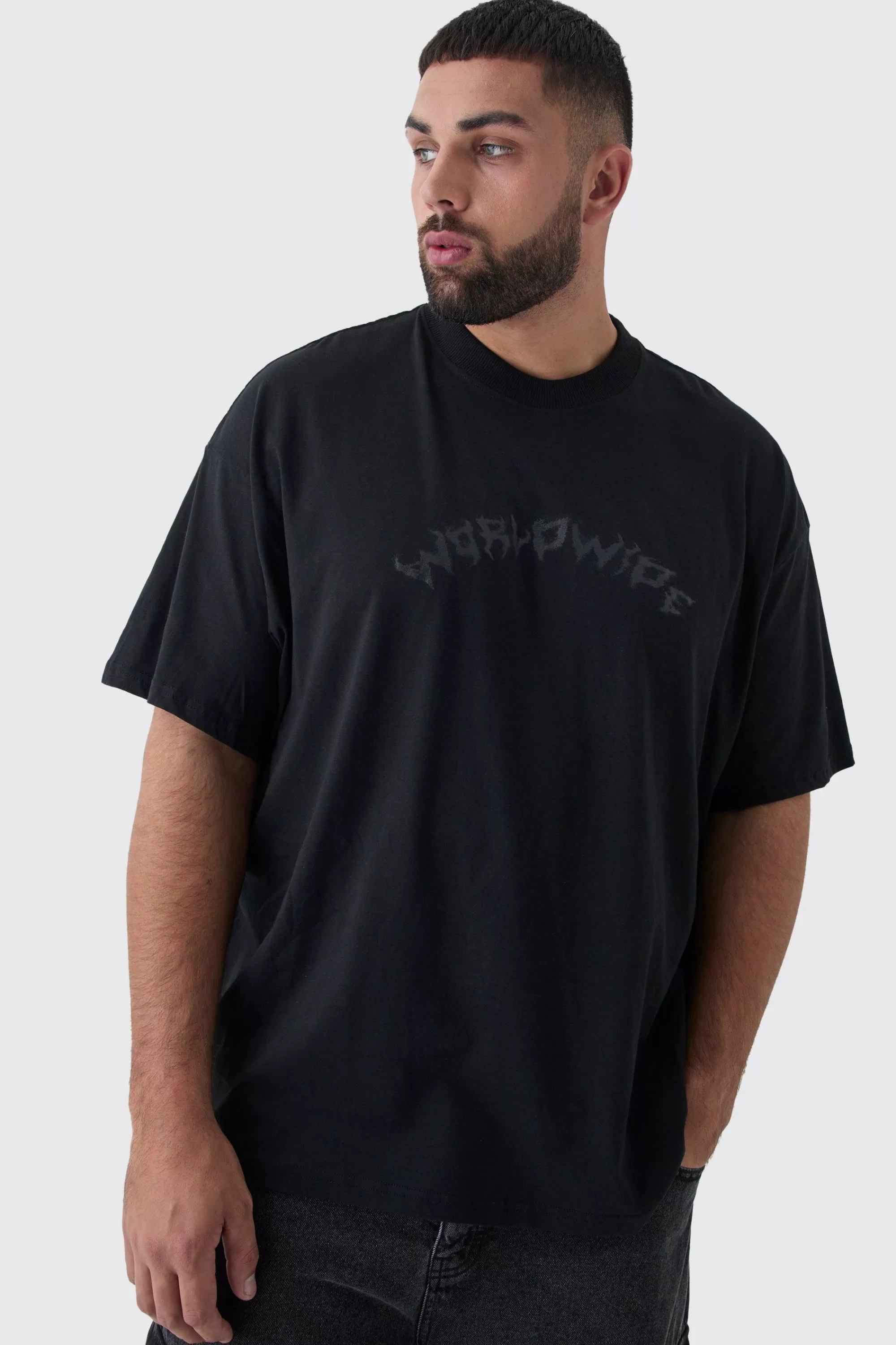 boohooMAN Plus Oversized Extended Neck Worldwide Gothic Cross Print T-Shirt | UK black Discount